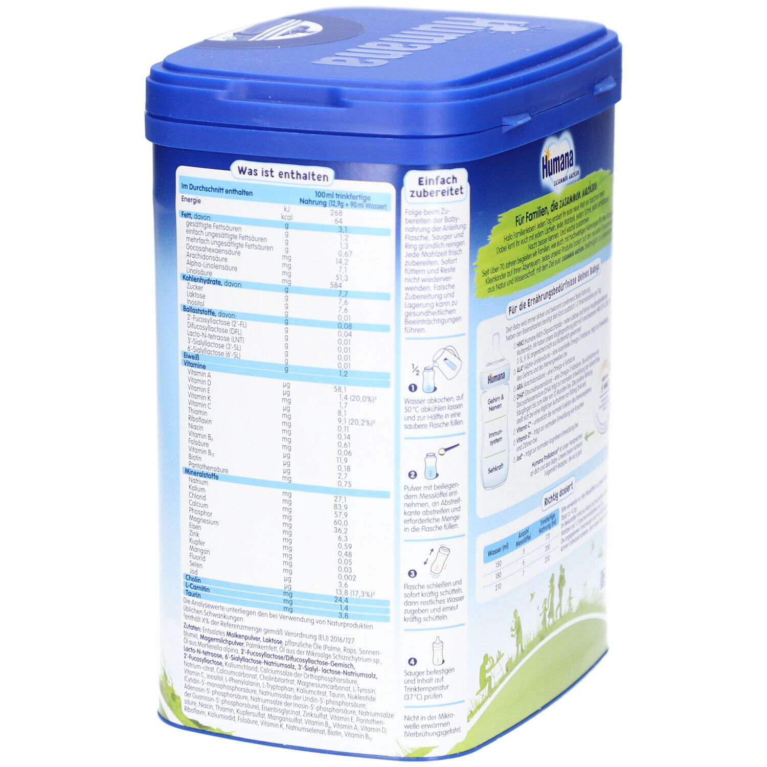 Seite der blauen Dose Humana ProBalance 3. Text: Was ist enthalten, Nährwerttabelle, Zubereitung.