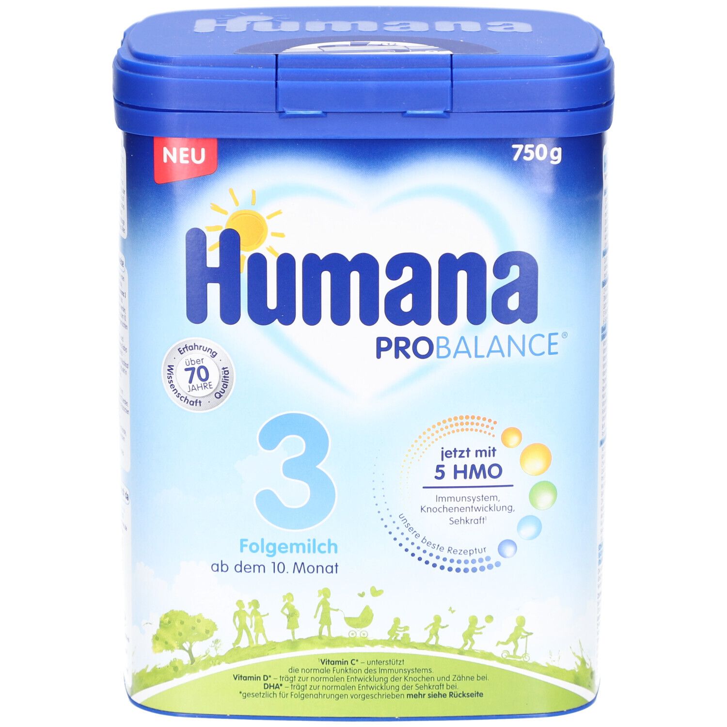 Blaue Dose Humana ProBalance 3 Folgemilch. Aufschrift: 750g, ab dem 10. Monat, mit 5 HMO. Neu.