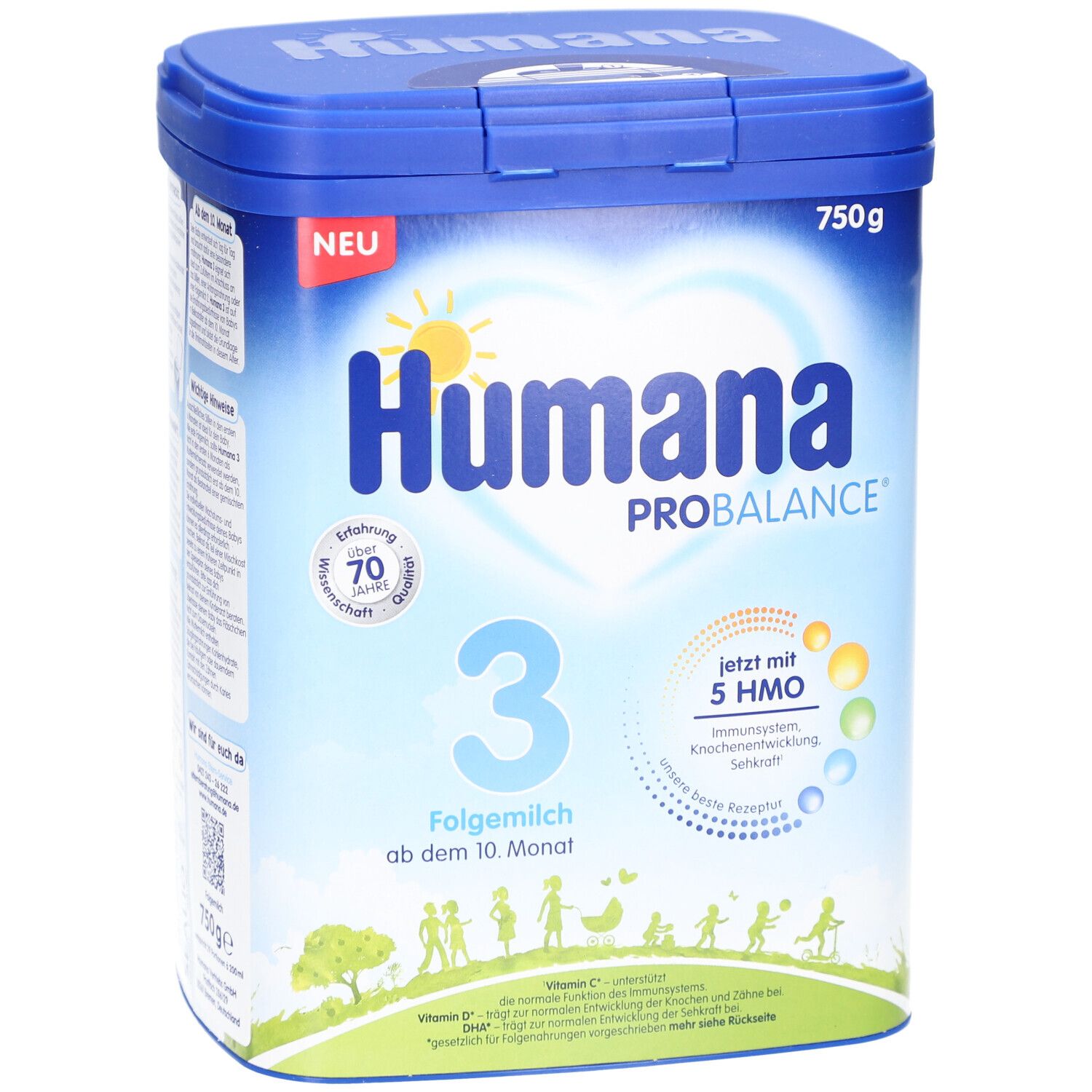 Blaue Dose Humana ProBalance 3 Folgemilch. Aufschrift: 750g, ab dem 10. Monat, mit 5 HMO. Neu.