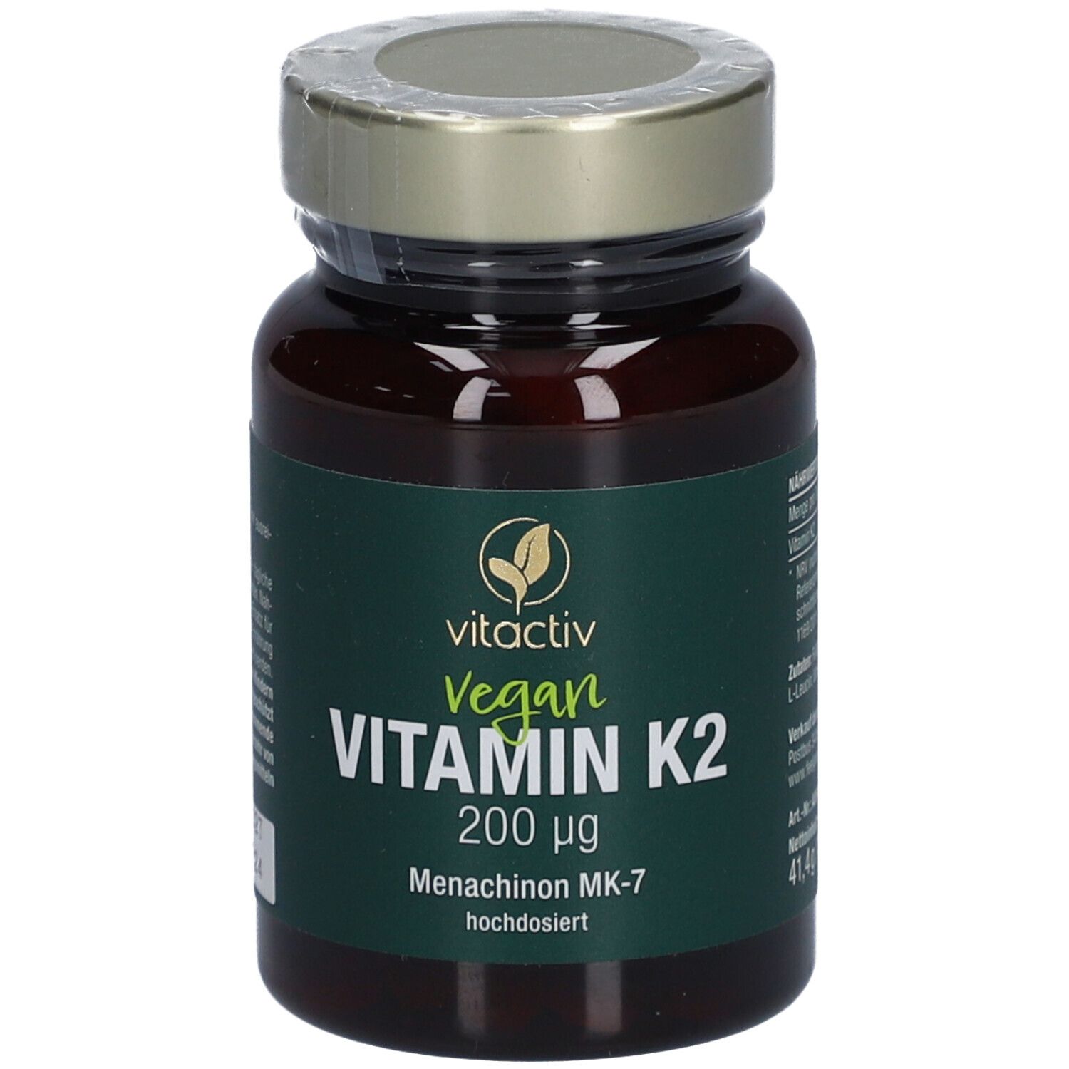 Braune Glasflasche mit goldfarbenem Deckel. Etikett mit 'vitactiv Vegan Vitamin K2 200 µg'.