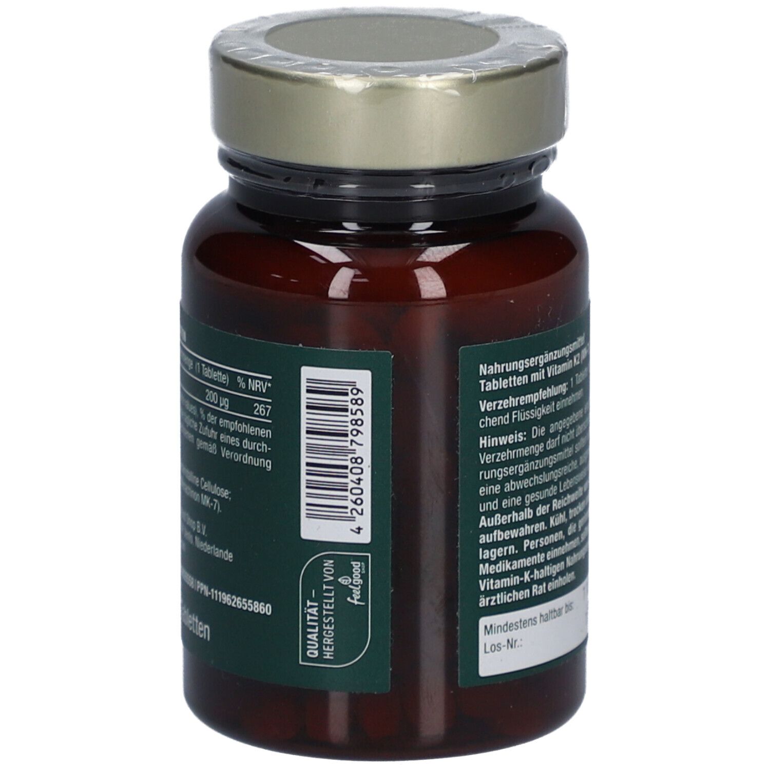 Braune Glasflasche mit goldfarbenem Deckel. Rückseite mit Text und Barcode.