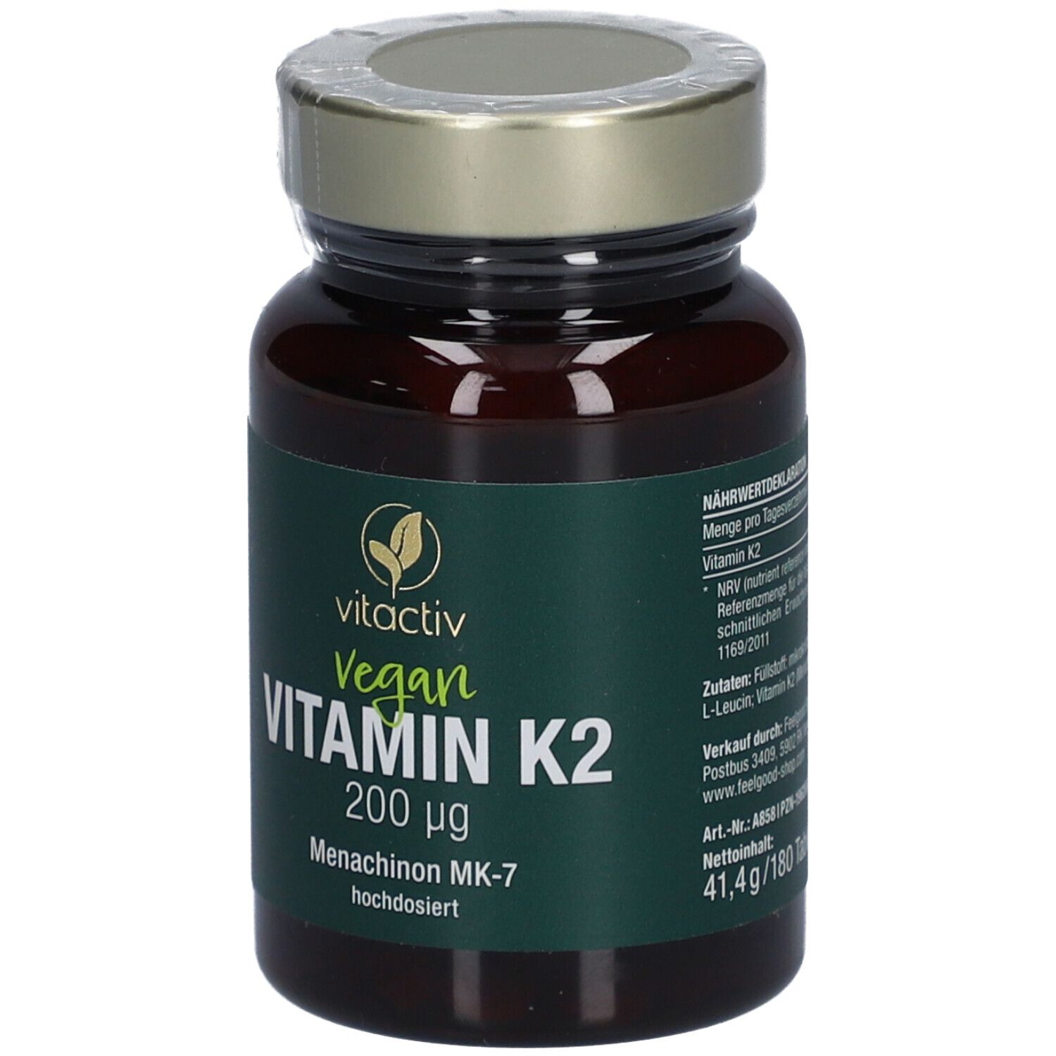 Braune Glasflasche mit goldfarbenem Deckel. Etikett mit 'vitactiv Vegan Vitamin K2 200 µg'.