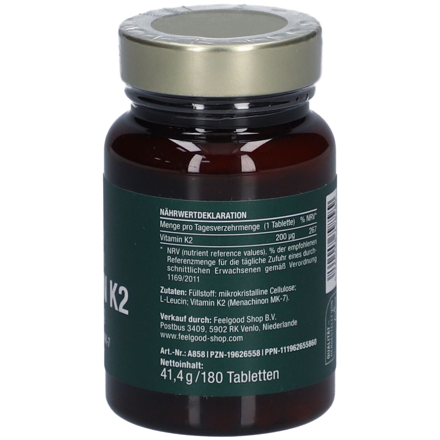 Braune Glasflasche mit goldfarbenem Deckel. Etikett mit 'vitactiv Vegan Vitamin K2 200 µg'.