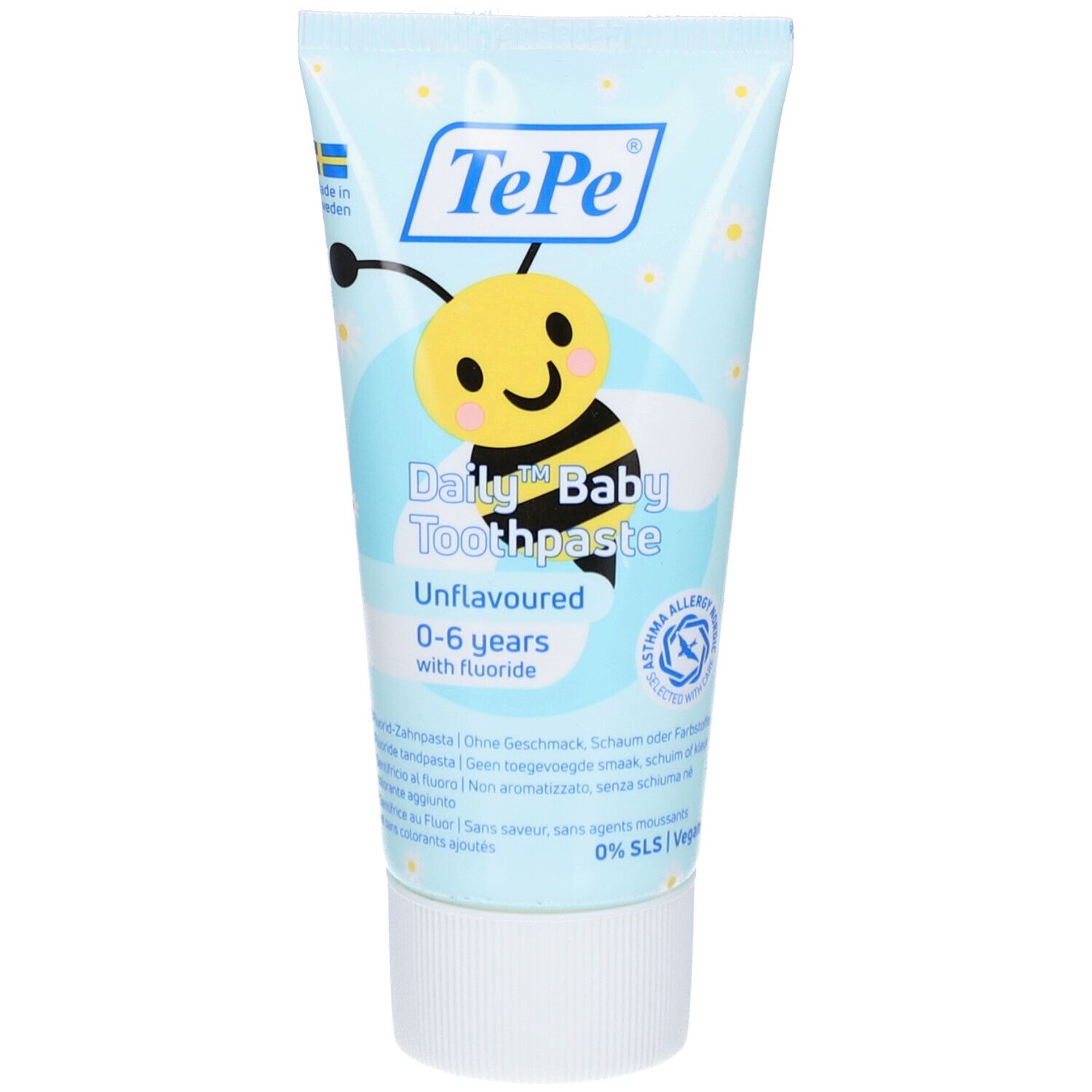 Zahncreme-Tube mit Bienen-Illustration und Schriftzug 'Daily Baby Toothpaste'. Enthält Fluorid, für 0-6 Jahre.