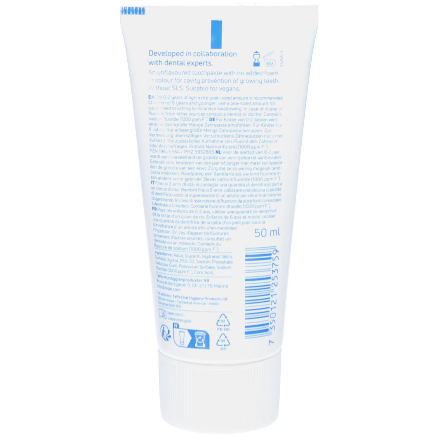 Rückseite der Zahncreme-Tube. Enthält Informationen über die Inhaltsstoffe und die empfohlene Menge für Kinder.