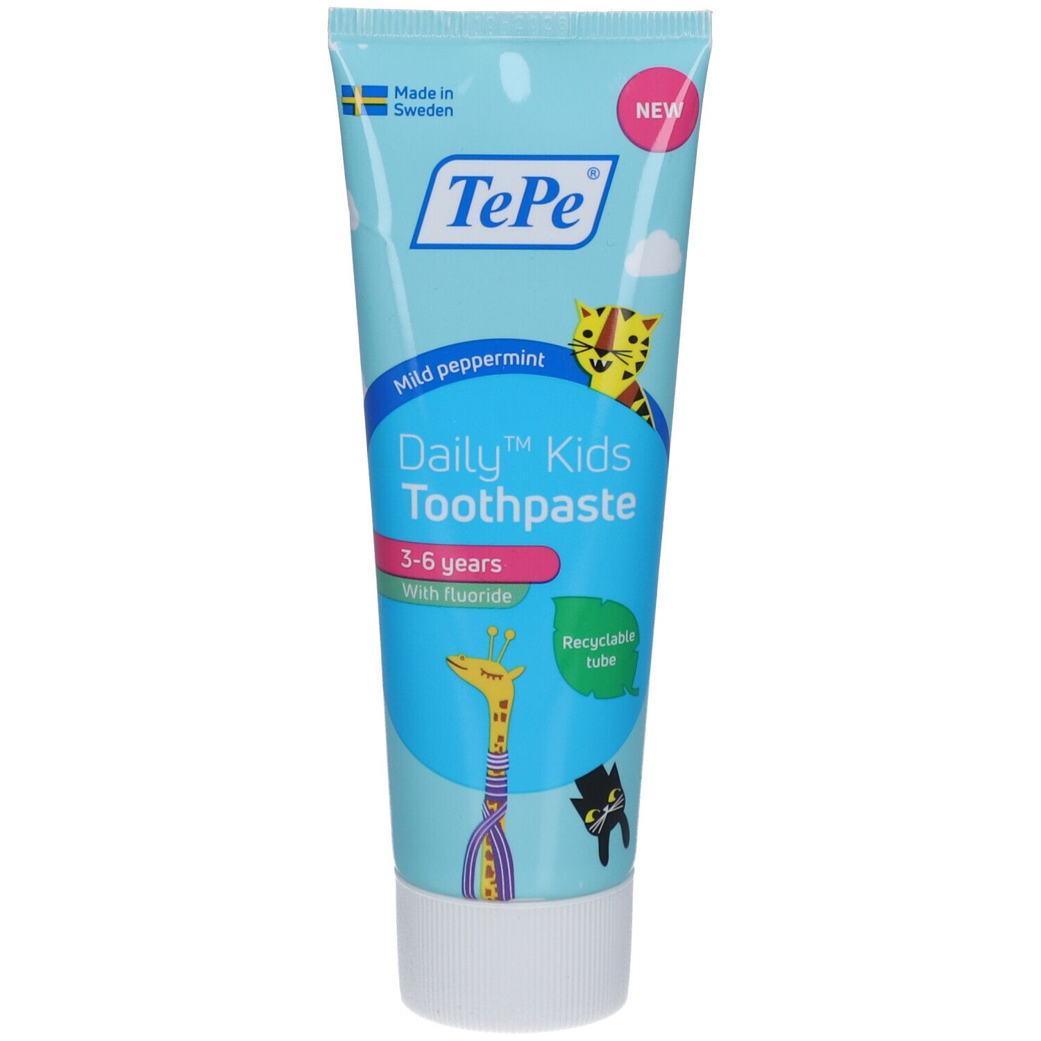 Zahncreme-Tube mit "TePe"-Logo, "Daily Kids Toothpaste" und Illustrationen. "3-6 years" und "With fluoride" sind sichtbar.