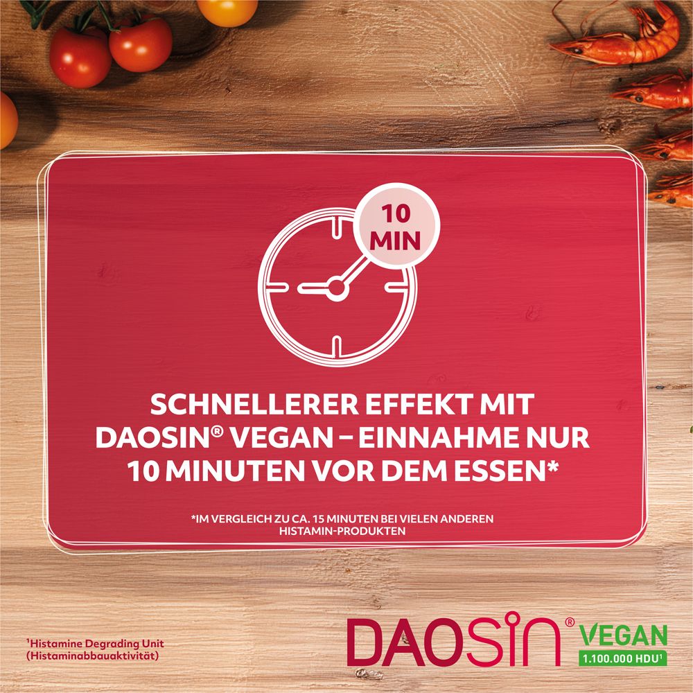 Rotes Schild mit Uhr und Text: Schnellerer Effekt mit DAOSIN® Vegan – Einnahme nur 10 Minuten vor dem Essen.