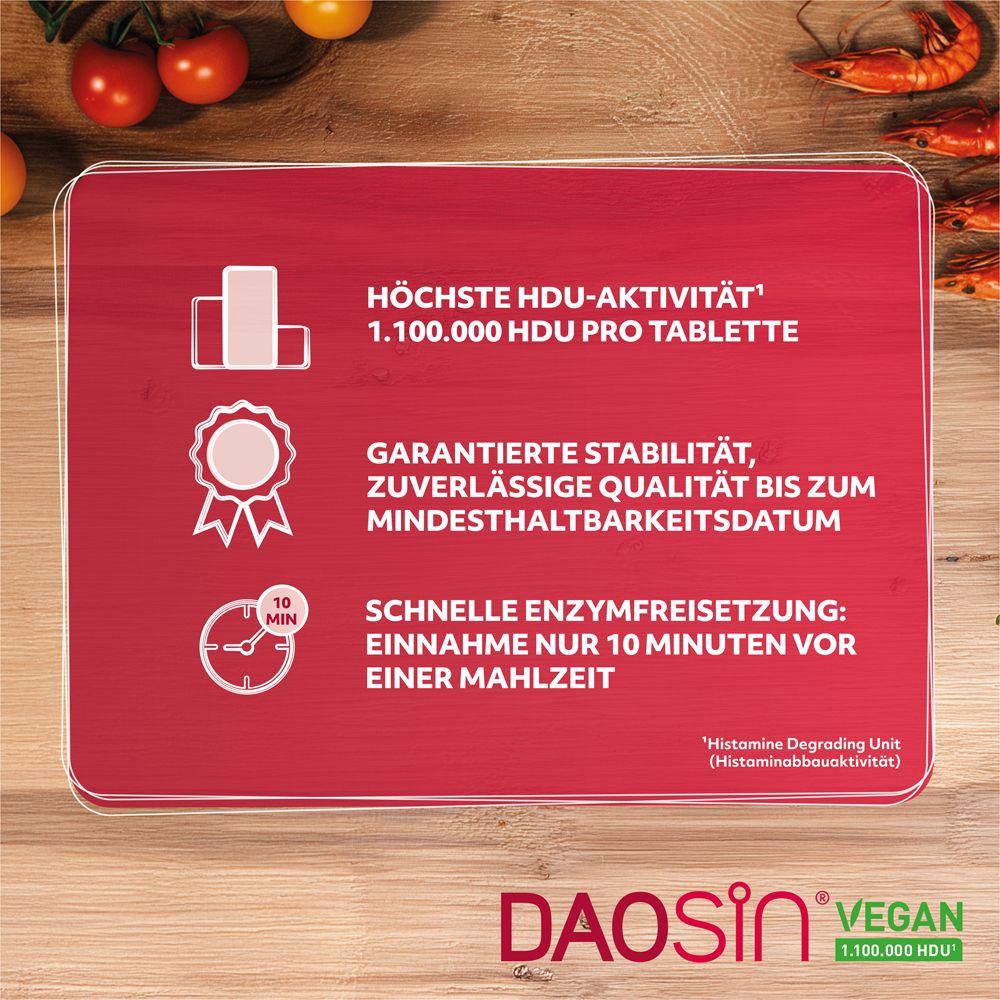 Rotes Schild mit Text: Höchste HDU-Aktivität, garantierte Stabilität, schnelle Enzymfreisetzung. DAOSIN® Vegan Logo.