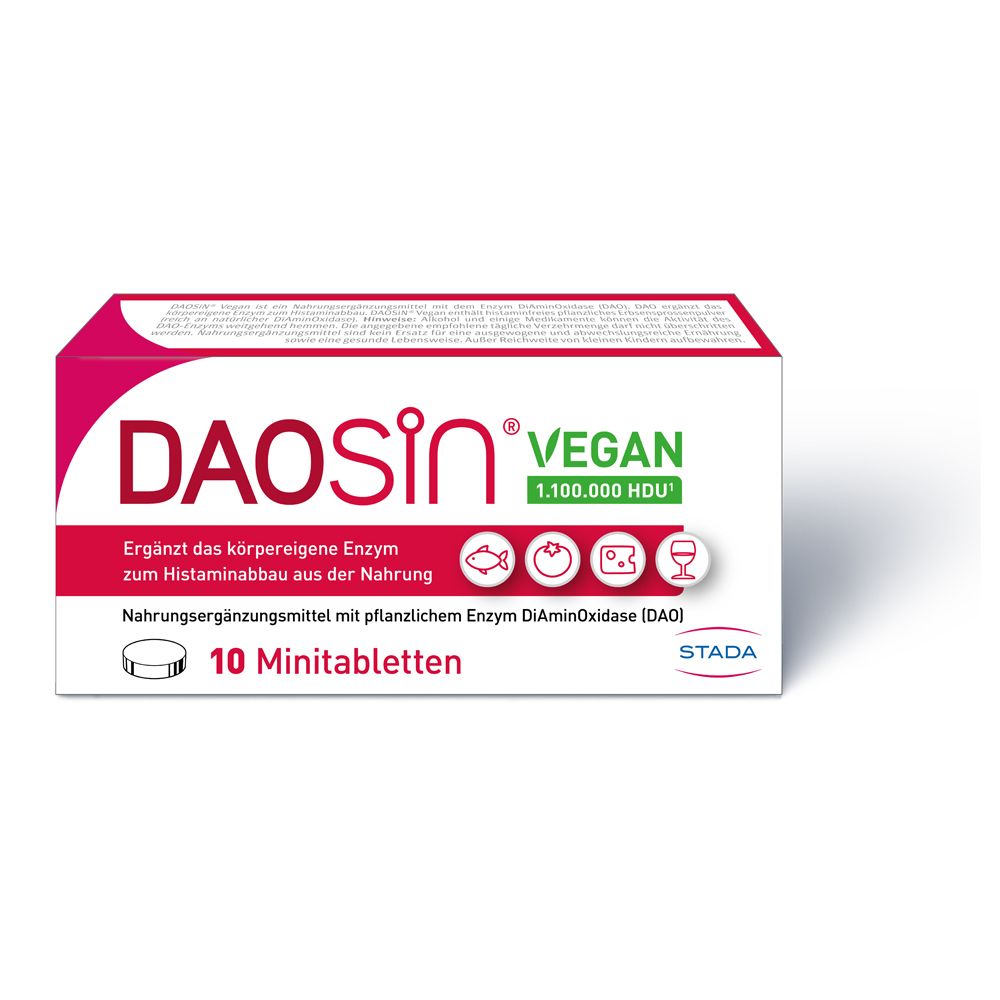 DAOSIN® Vegan-Verpackung. Rote und weiße Schachtel mit Produktinformationen und 10 Minitabletten.