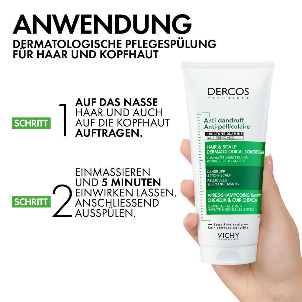 Étapes d'utilisation. Étape 1: Appliquer sur cheveux et cuir chevelu mouillés. Étape 2: Masser, rincer. Produit: DERCOS.