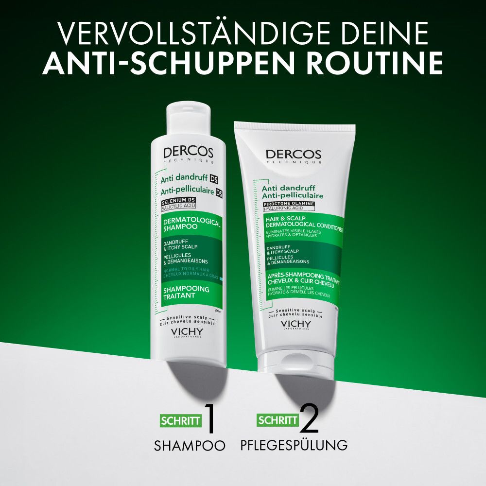 Deux produits: DERCOS Shampooing et soin anti-pelliculaire. Étapes 1 et 2. Texte: Complétez votre routine anti-pelliculaire.
