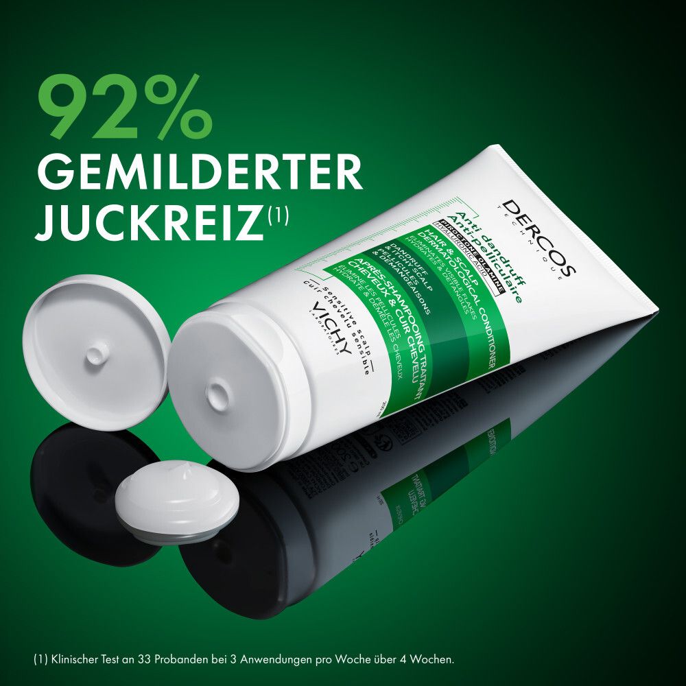 Tube et couvercle. Texte: 92% de démangeaisons atténuées. Produit: DERCOS Anti-pelliculaire.