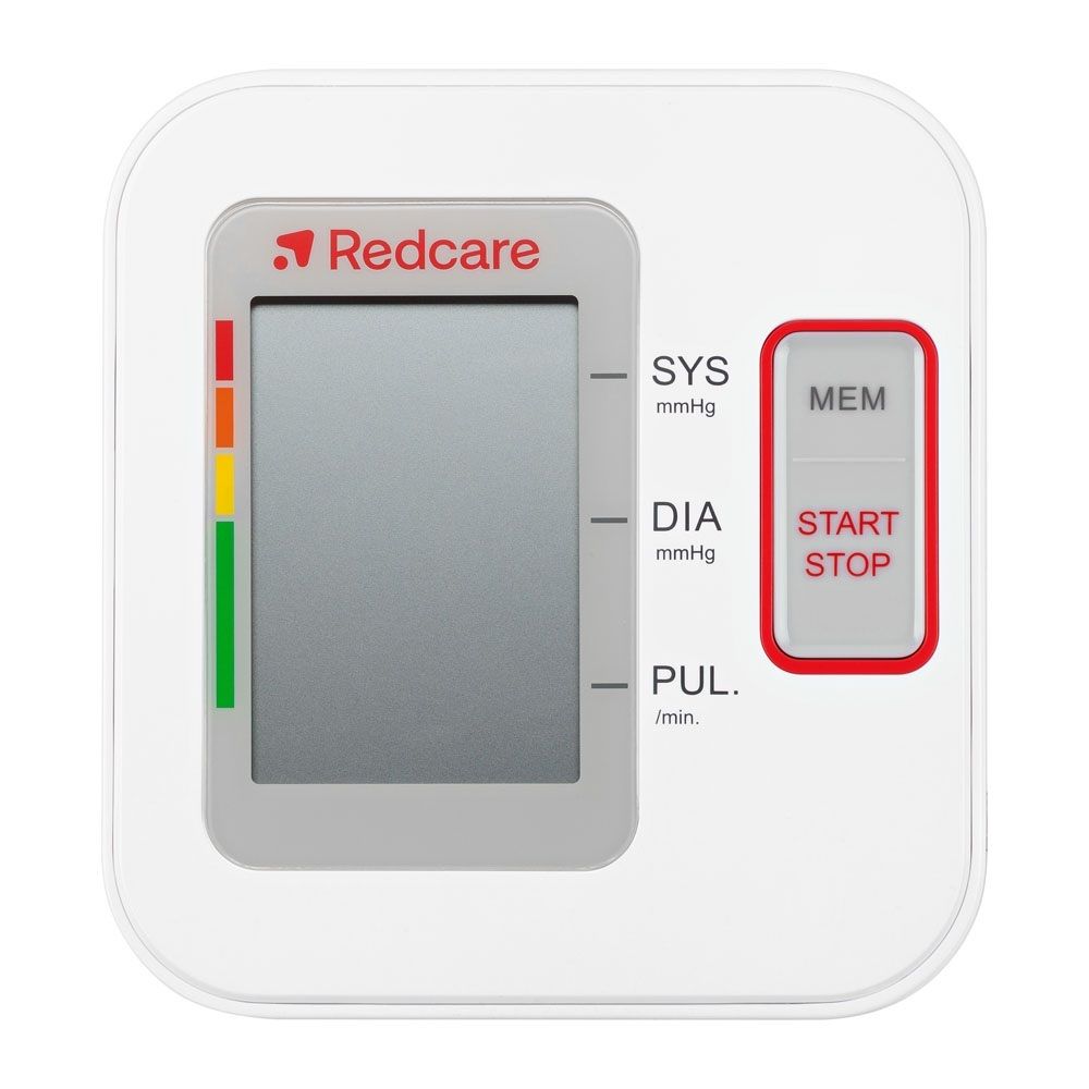 Redcare Oberarm-Blutdruckmessgerät mit Display, Speichertaste und Start/Stopp-Taste.