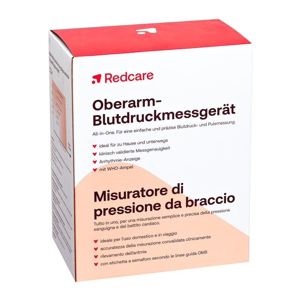Verpackung eines Oberarm-Blutdruckmessgeräts mit Redcare Logo und Produktinformationen.