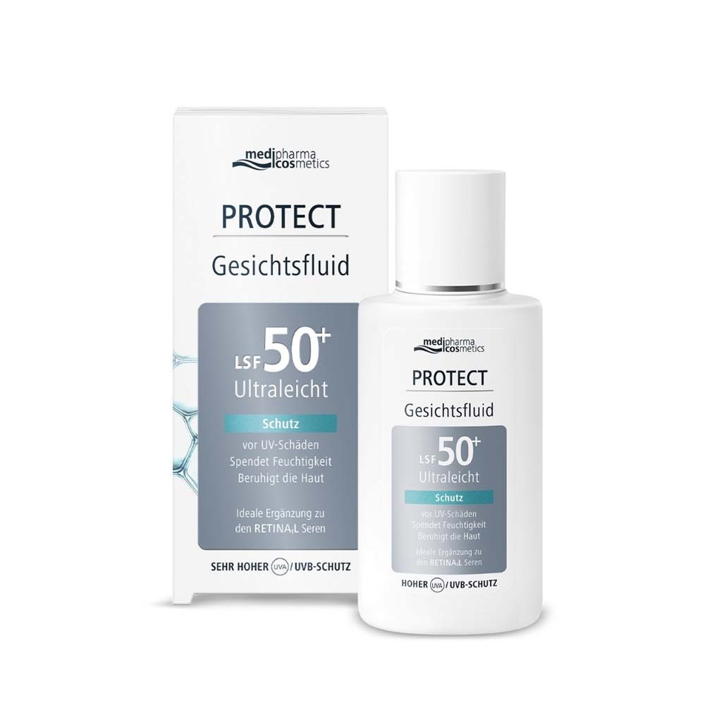 Gesichtsfluid LSF 50+ und Verpackung. Weißes Fläschchen mit Produktinformationen. Sehr hoher UV-Schutz.