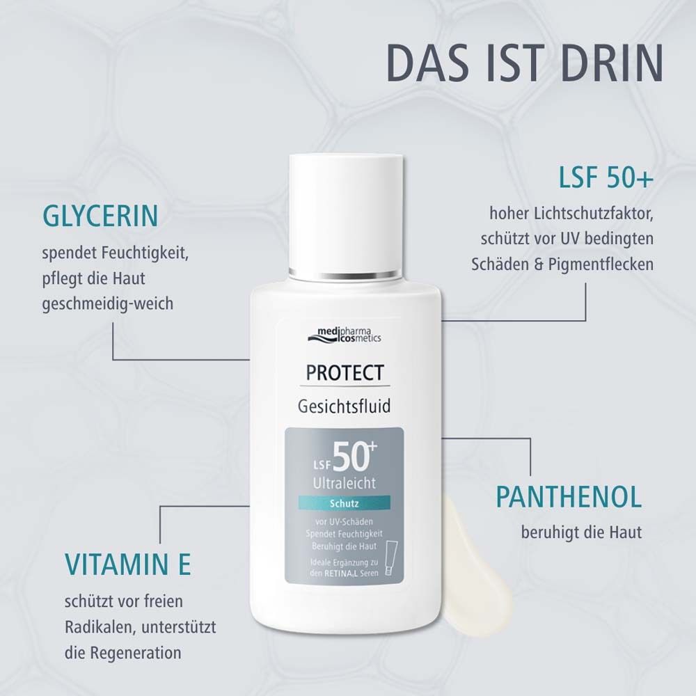 Gesichtsfluid LSF 50+. Enthält Glycerin, Panthenol, Vitamin E. Schützt vor UV-Schäden.