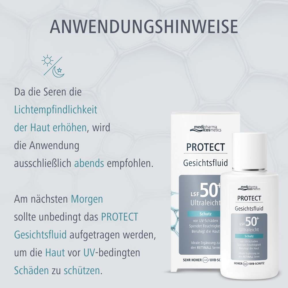 Gesichtsfluid LSF 50+. Anwendungshinweise: abends auftragen. Morgens verwenden.