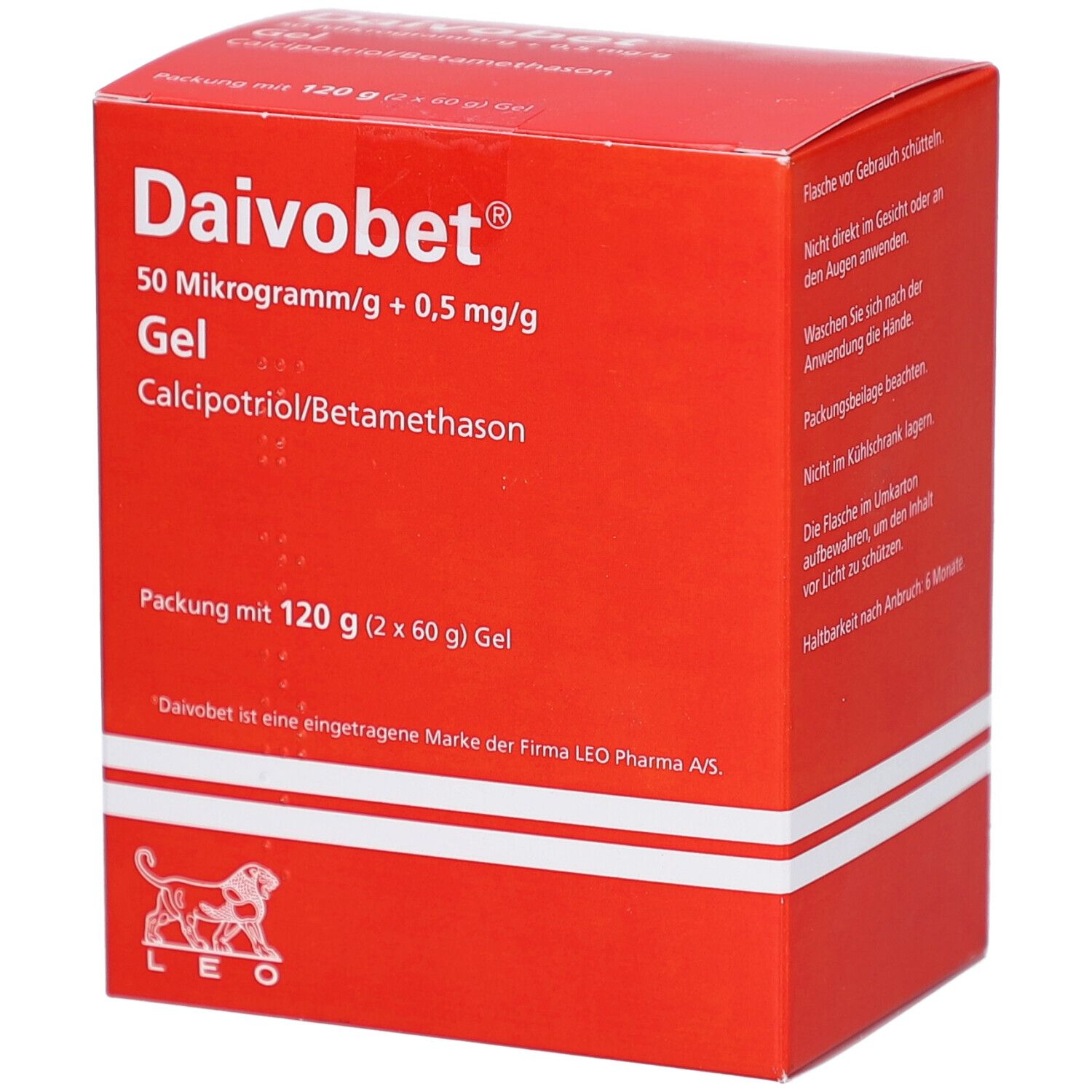 Rote Faltschachtel mit Produktnamen Daivobet Gel. Enthält 120 g Gel. Logo LEO Pharma.