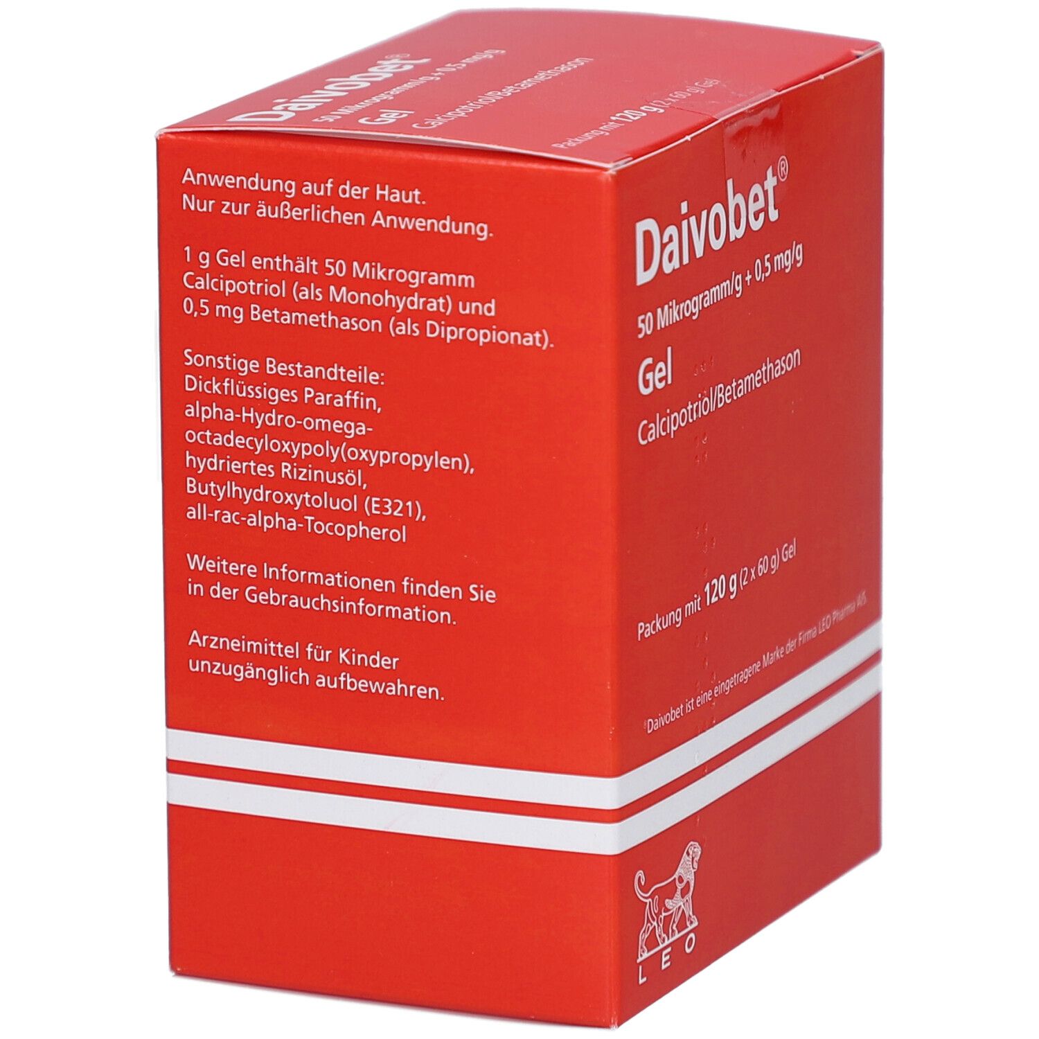 Rote Faltschachtel Daivobet Gel. Enthält Inhaltsstoffe und Anwendungshinweise. Logo LEO Pharma.