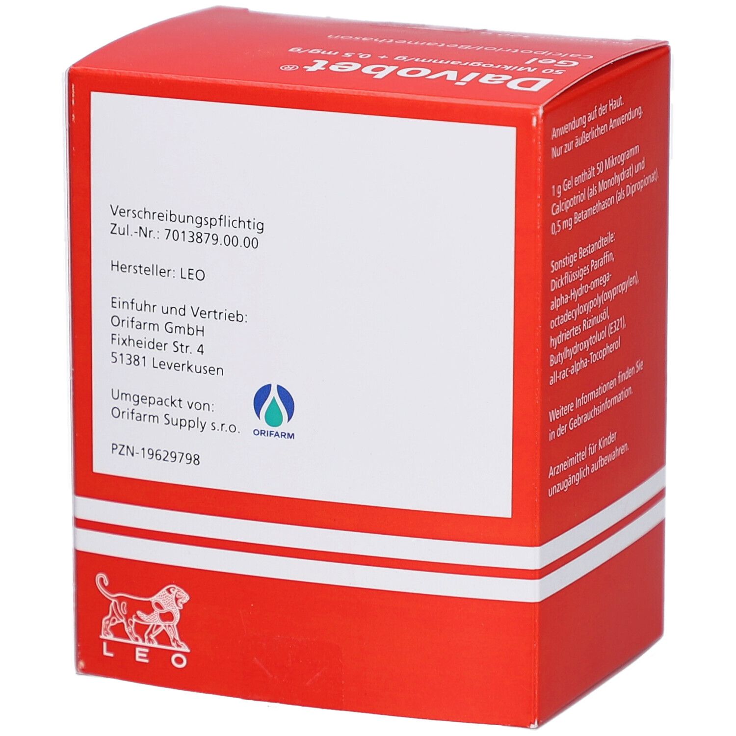 Rote Faltschachtel Daivobet Gel. Herstellerinformationen und Logo LEO Pharma.