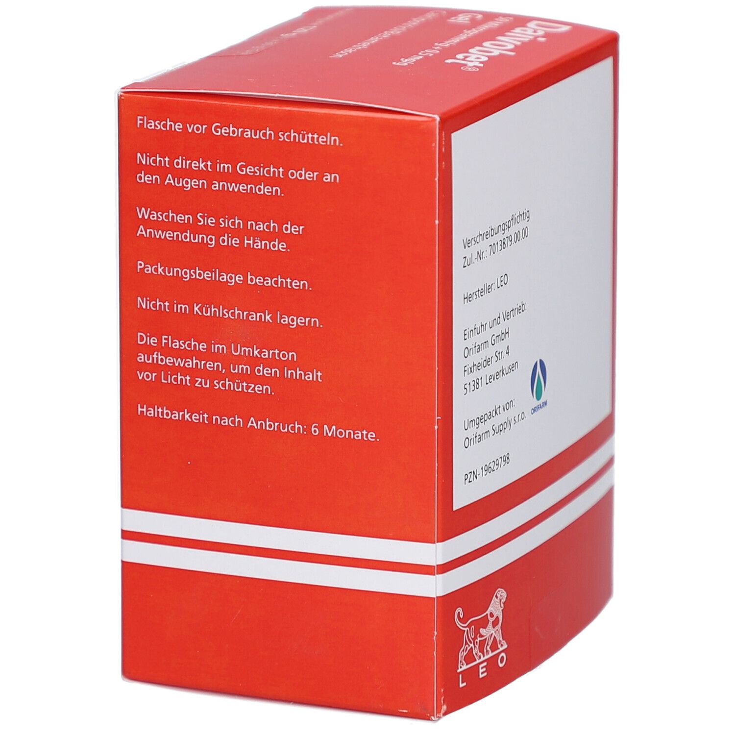 Rote Faltschachtel Daivobet Gel. Enthält Anwendungshinweise. Logo LEO Pharma.