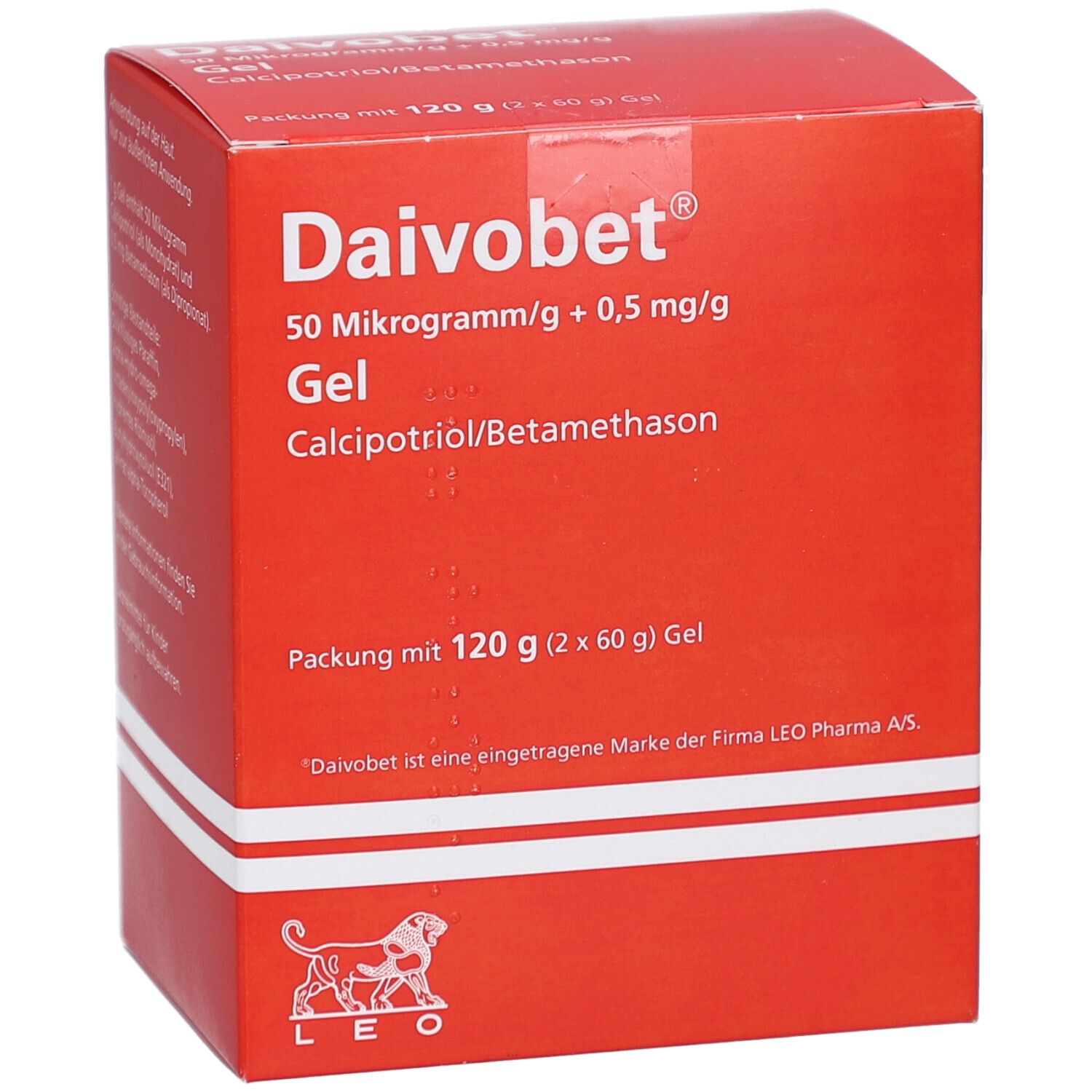 Rote Faltschachtel Daivobet Gel. Produktname, Inhaltsstoffe und Logo LEO Pharma.