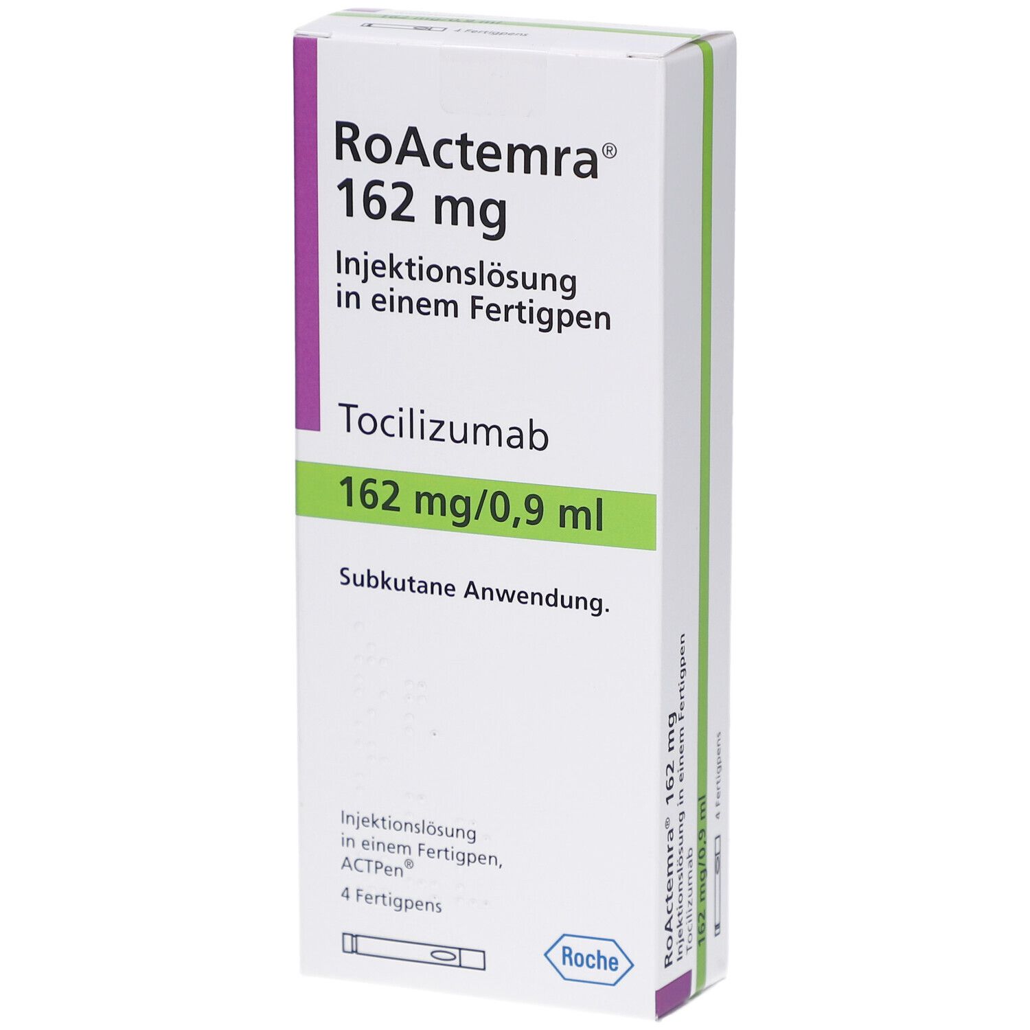 Verpackung von RoActemra 162 mg Injektionslösung. Enthält 4 Fertigpens. Text: Tocilizumab, 162 mg/0,9 ml. Subkutane Anwendung.