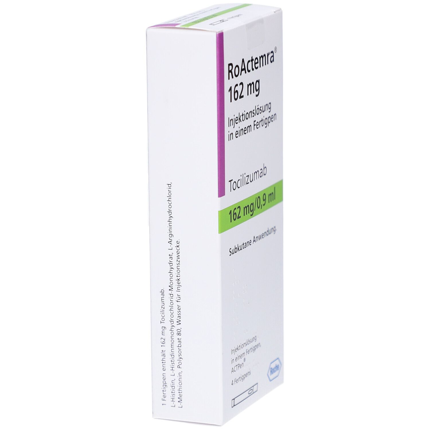 Schrägansicht der RoActemra 162 mg Verpackung. Text: Tocilizumab, 162 mg/0,9 ml. Enthält 4 Fertigpens. Herstellerinformationen.