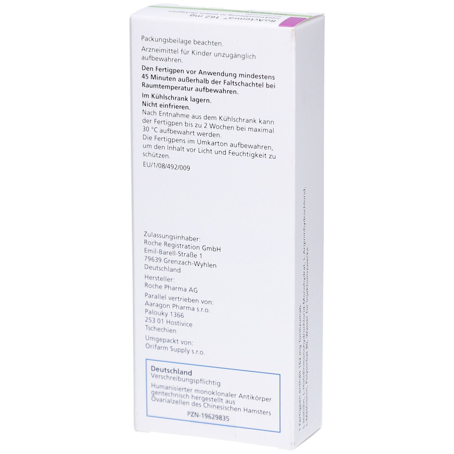Rückseite der RoActemra 162 mg Verpackung. Text: Packungsbeilage beachten. Hersteller- und Vertriebsinformationen.