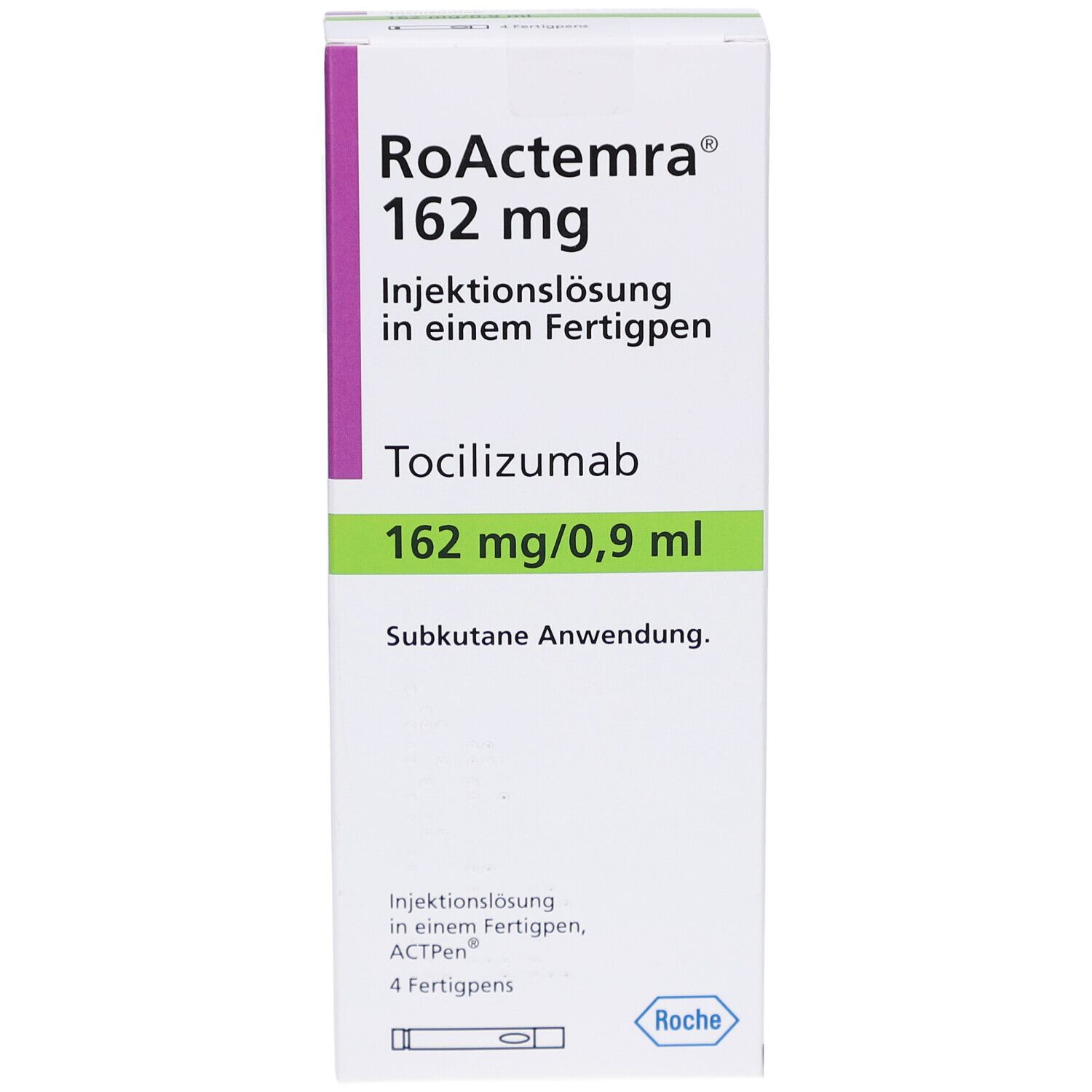 RoActemra 162 mg Injektionslösung Verpackung. Text: Tocilizumab, 162 mg/0,9 ml. Subkutane Anwendung. Enthält 4 Fertigpens.