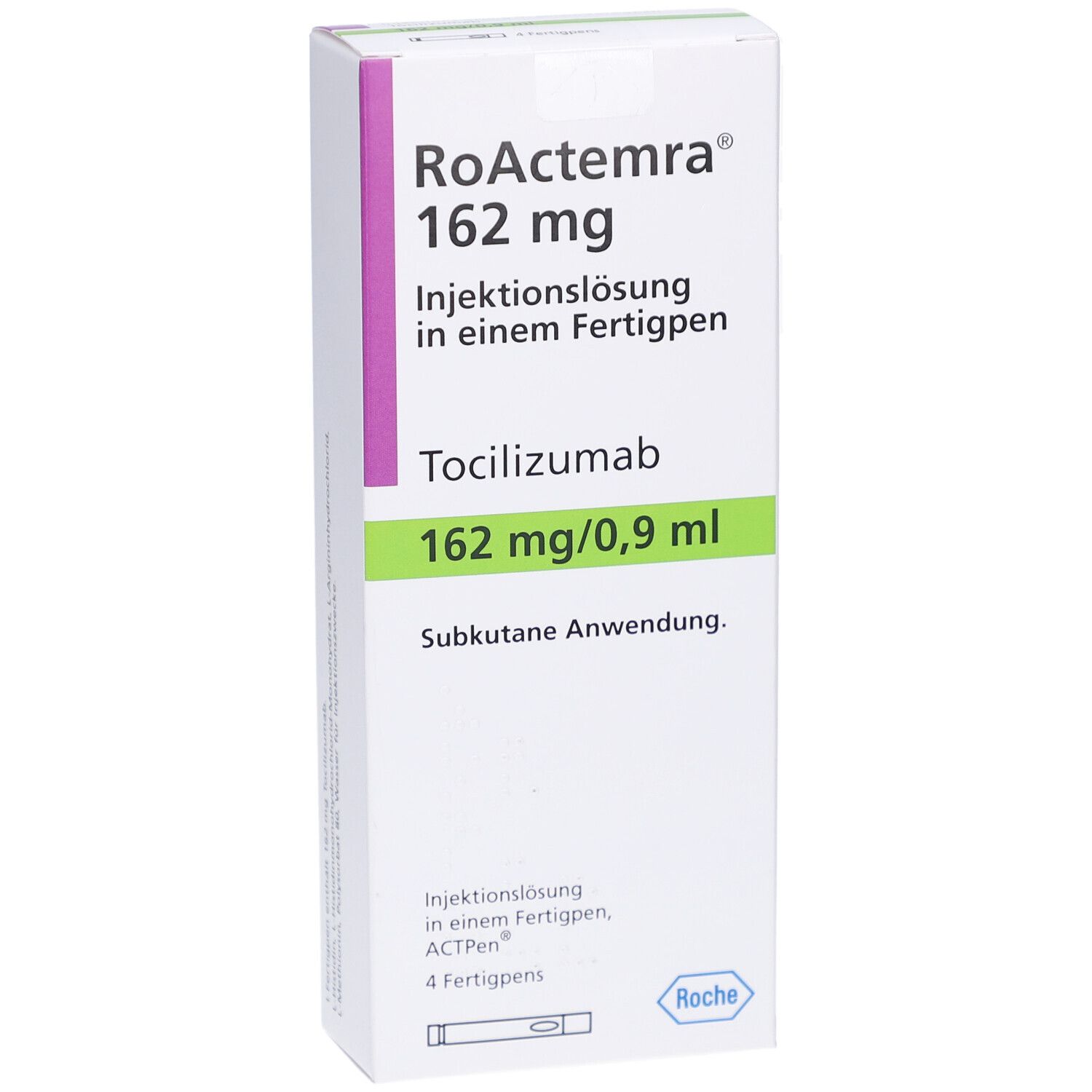 RoActemra 162 mg Injektionslösung Verpackung. Text: Tocilizumab, 162 mg/0,9 ml. Subkutane Anwendung. Enthält 4 Fertigpens.