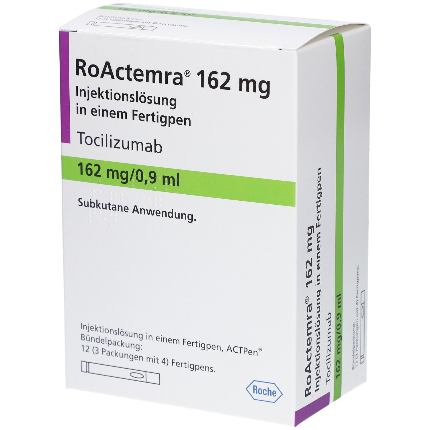 Verpackung von RoActemra 162 mg Injektionslösung. Enthält 12 Packungen mit Fertigpens. Roche-Logo.