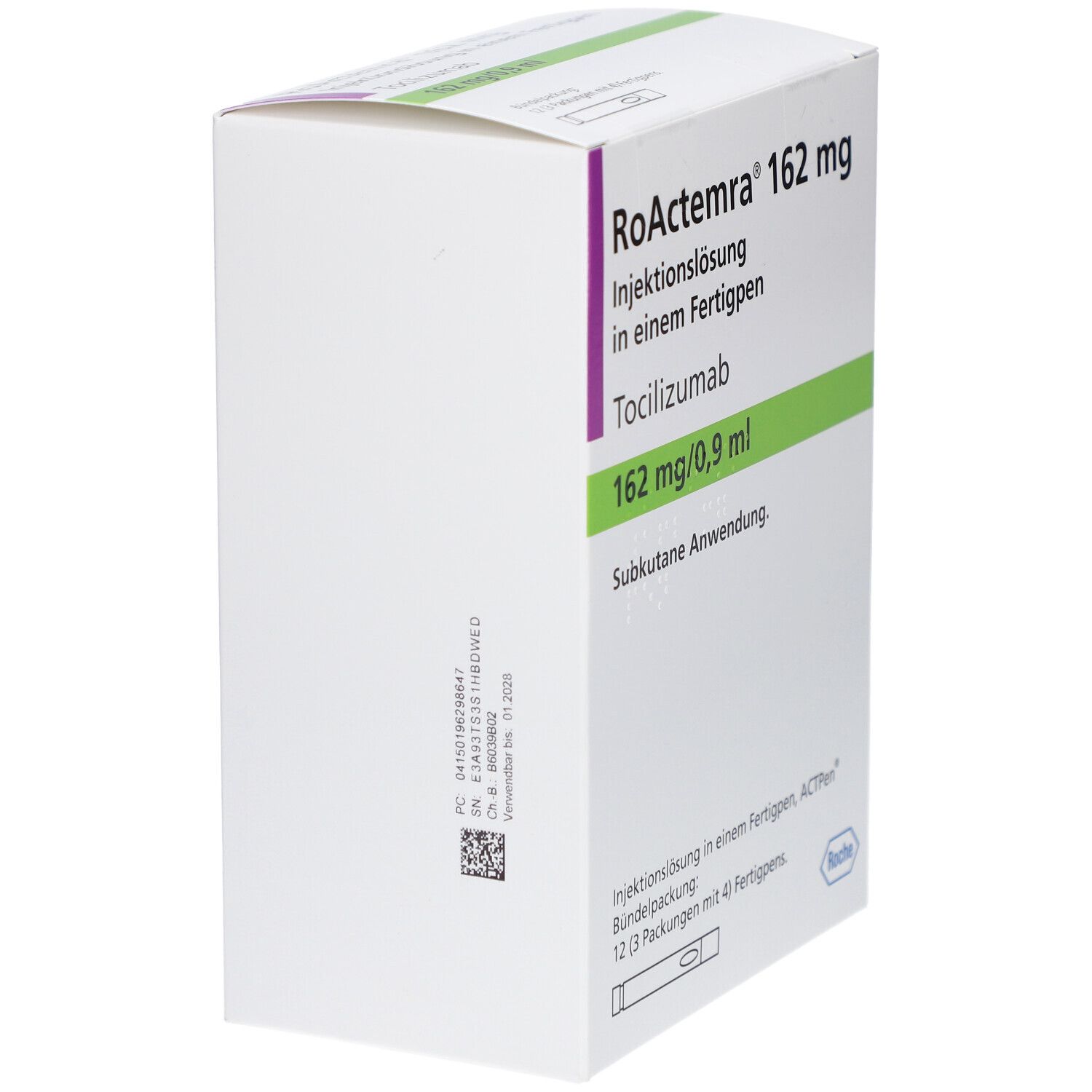Verpackung von RoActemra 162 mg Injektionslösung. Text: Tocilizumab, 162 mg/0,9 ml. Roche-Logo.