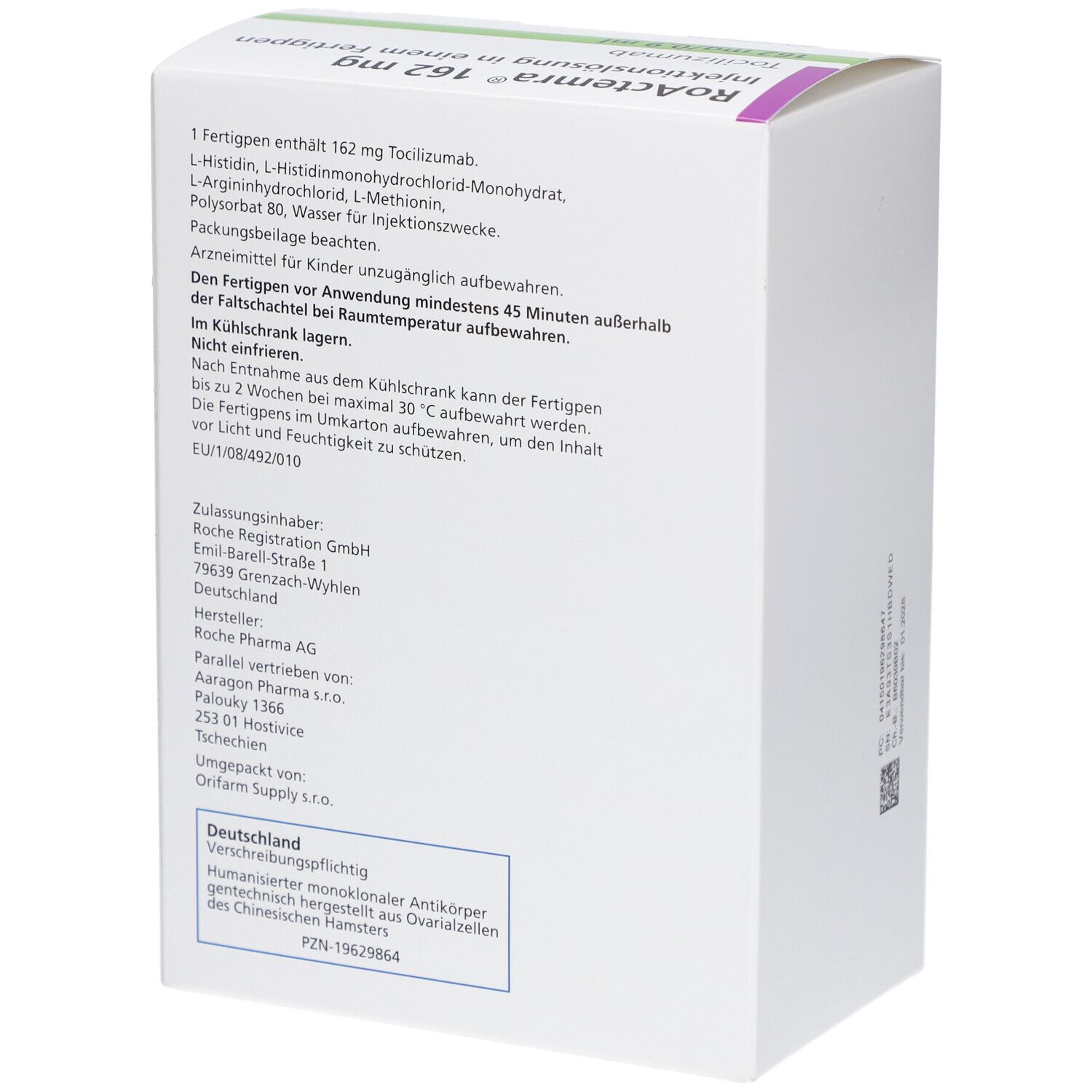 Rückseite der RoActemra-Verpackung. Enthält Informationen zu Inhaltsstoffen, Hersteller und Lagerung.