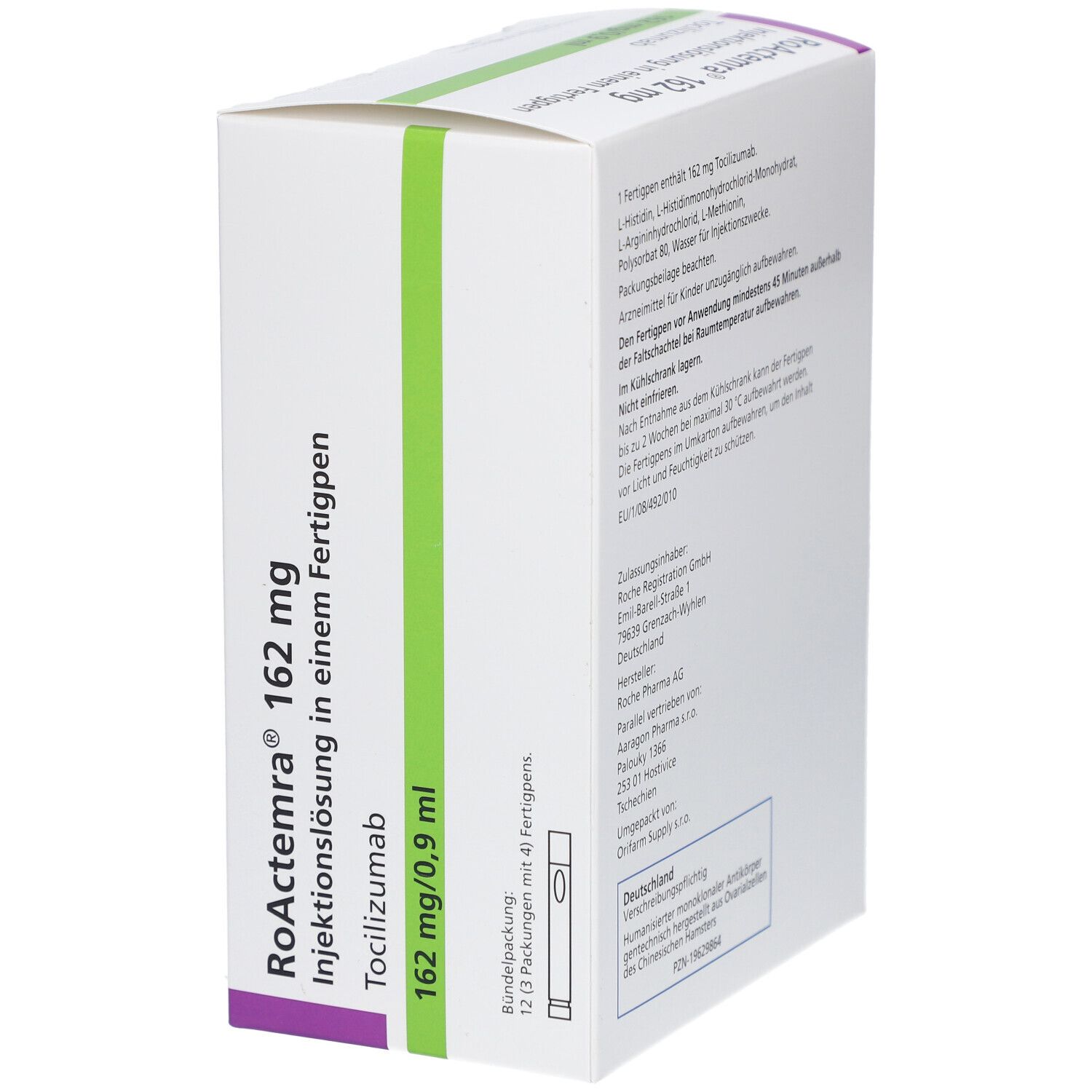 RoActemra 162 mg Injektionslösung Verpackung. Text: 162 mg/0,9 ml, Tocilizumab. Enthält 12 Packungen mit Fertigpens.