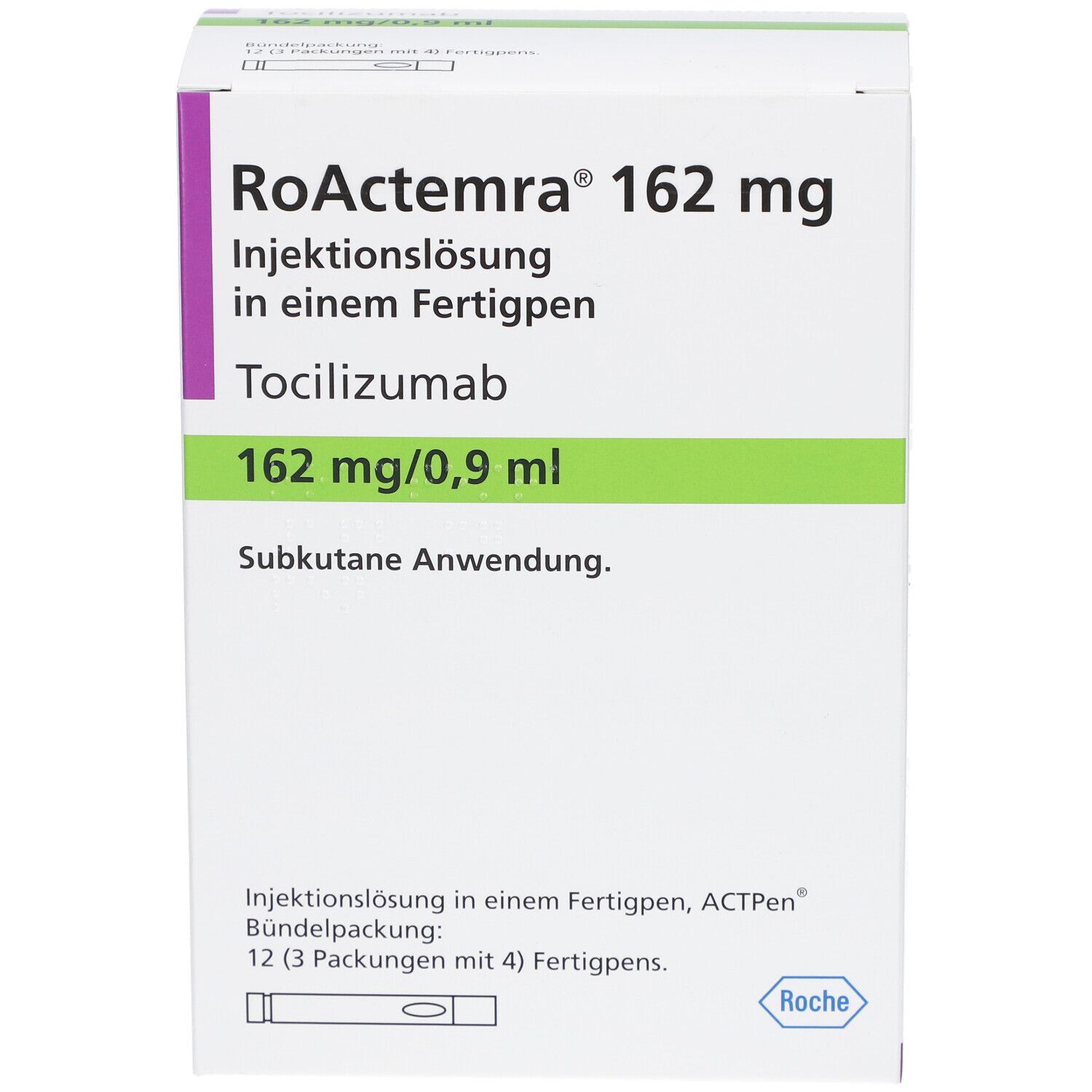 Verpackung von RoActemra 162 mg Injektionslösung. Text: Tocilizumab, 162 mg/0,9 ml. Roche-Logo.
