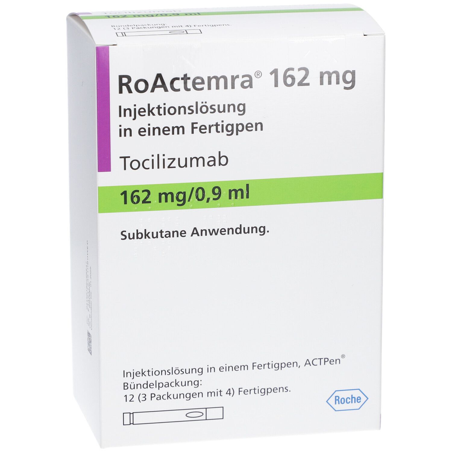 Verpackung von RoActemra 162 mg Injektionslösung. Text: Tocilizumab, 162 mg/0,9 ml. Roche-Logo.