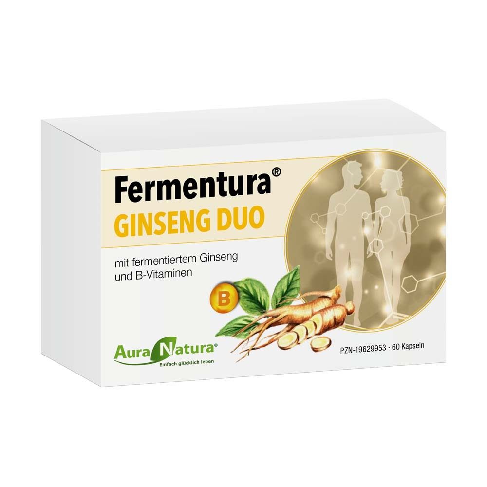 Weiße Schachtel mit Aufschrift Fermentura® Ginseng Duo. Abbildung von Ginseng und Blättern. Marke Aura Natura.