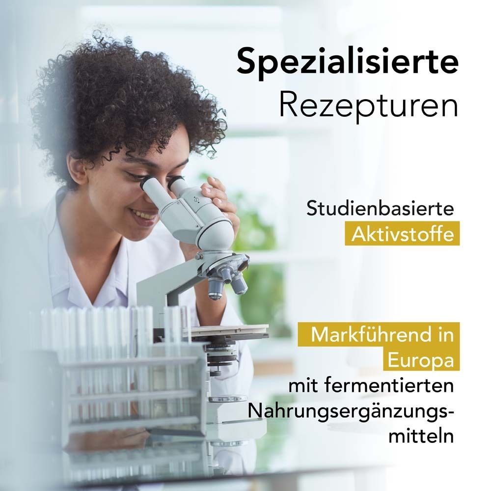 Frau mit Mikroskop. Text über spezialisierte Rezepturen und Studienbasierte Wirkstoffe. Marktführend in Europa.