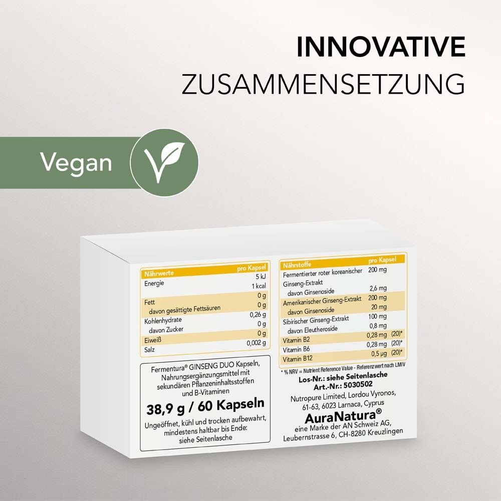 Weiße Schachtel mit Nährwertangaben und Inhaltsstoffen. Text über Fermentura® Ginseng Duo. Vegan-Siegel.
