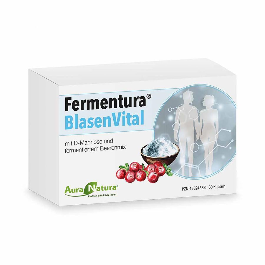 Weiße Produktverpackung mit Aufschrift "Fermentura BlasenVital". Abbildung von Cranberries und Pulver in einer Schale. Marke Aura Natura.