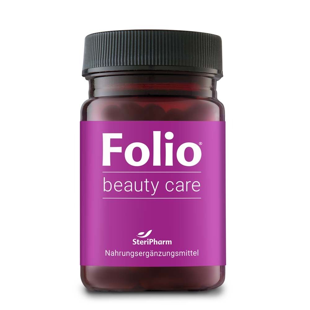 Braune Flasche mit lila Etikett. Aufschrift: Folio beauty care. Nahrungsergänzungsmittel.