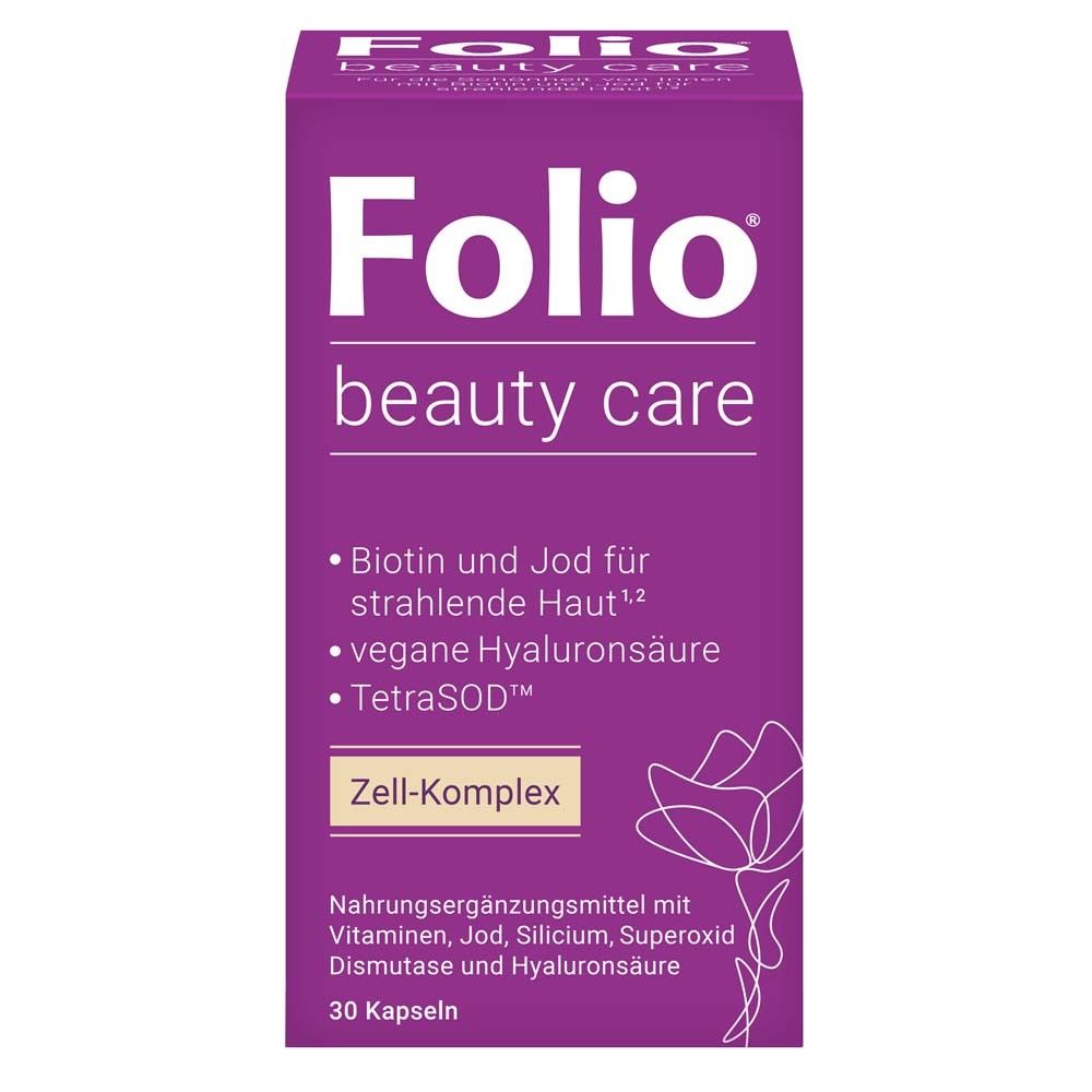 Lila Schachtel mit Folio beauty care. Enthält Biotin, Jod, Hyaluronsäure. 30 Kapseln.