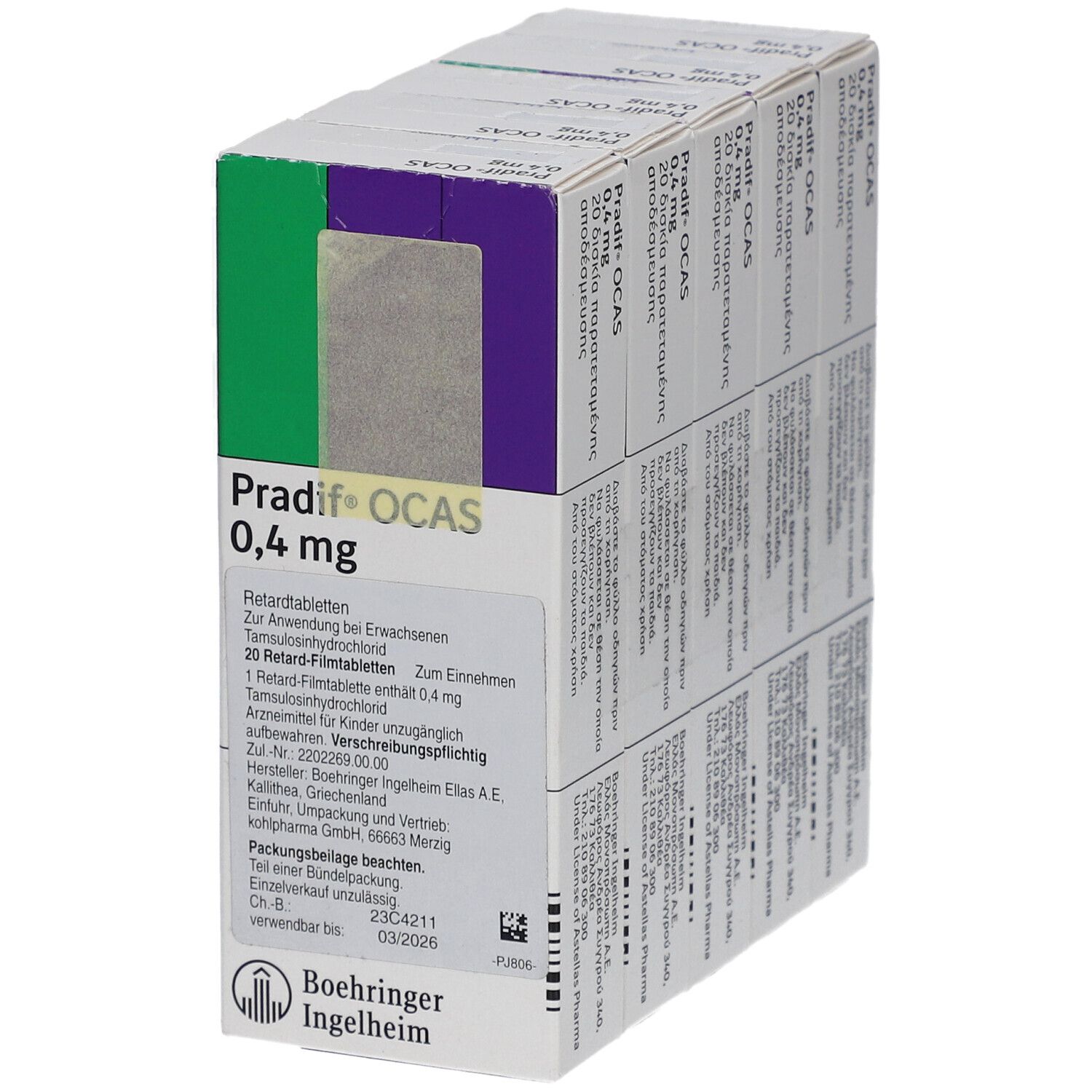 Packung mit Tabletten. Aufdruck: Pradif OCAS 0,4 mg. Hersteller Boehringer Ingelheim.