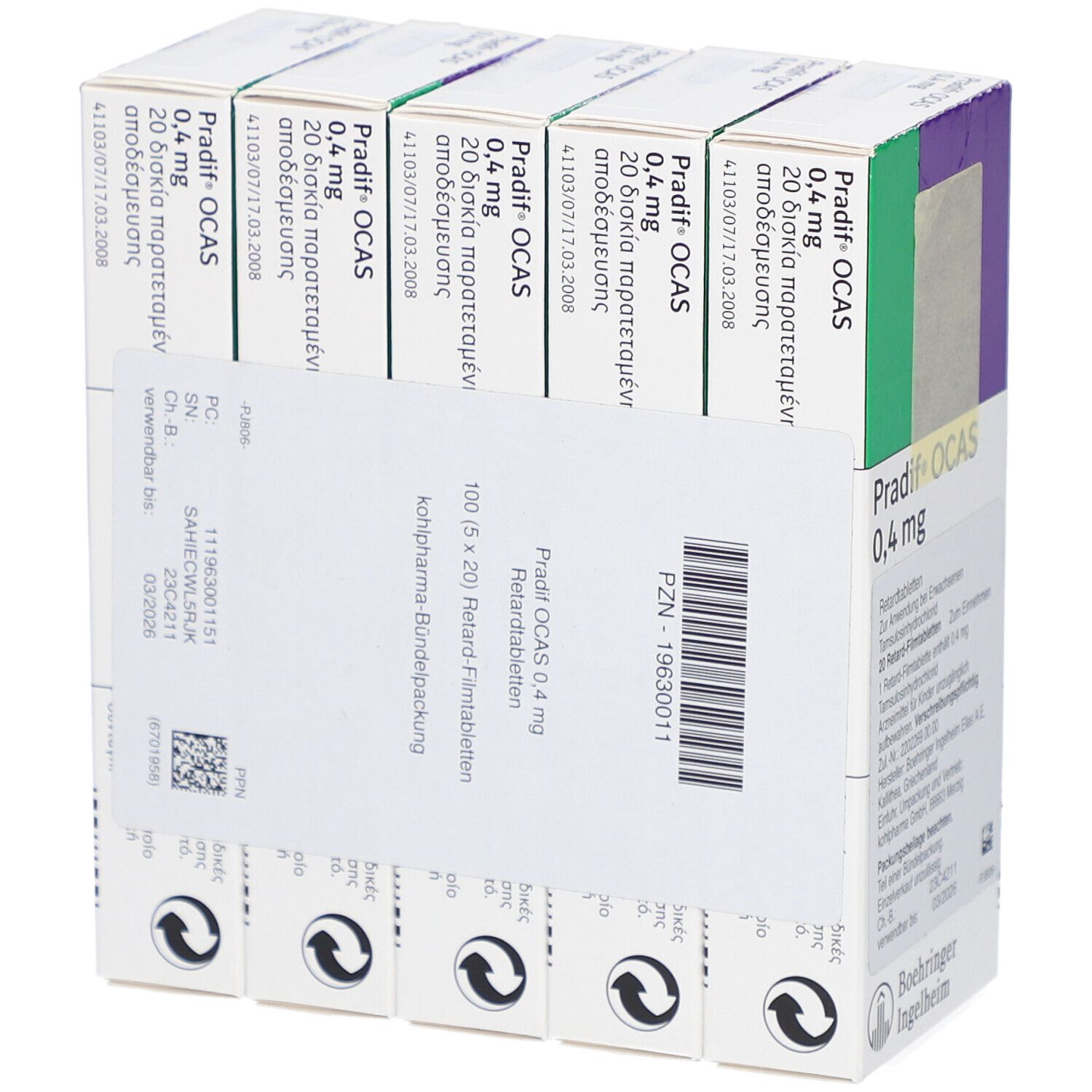 Mehrere Tablettenpackungen. Aufdruck: Pradif OCAS 0,4 mg. Hersteller Boehringer Ingelheim.