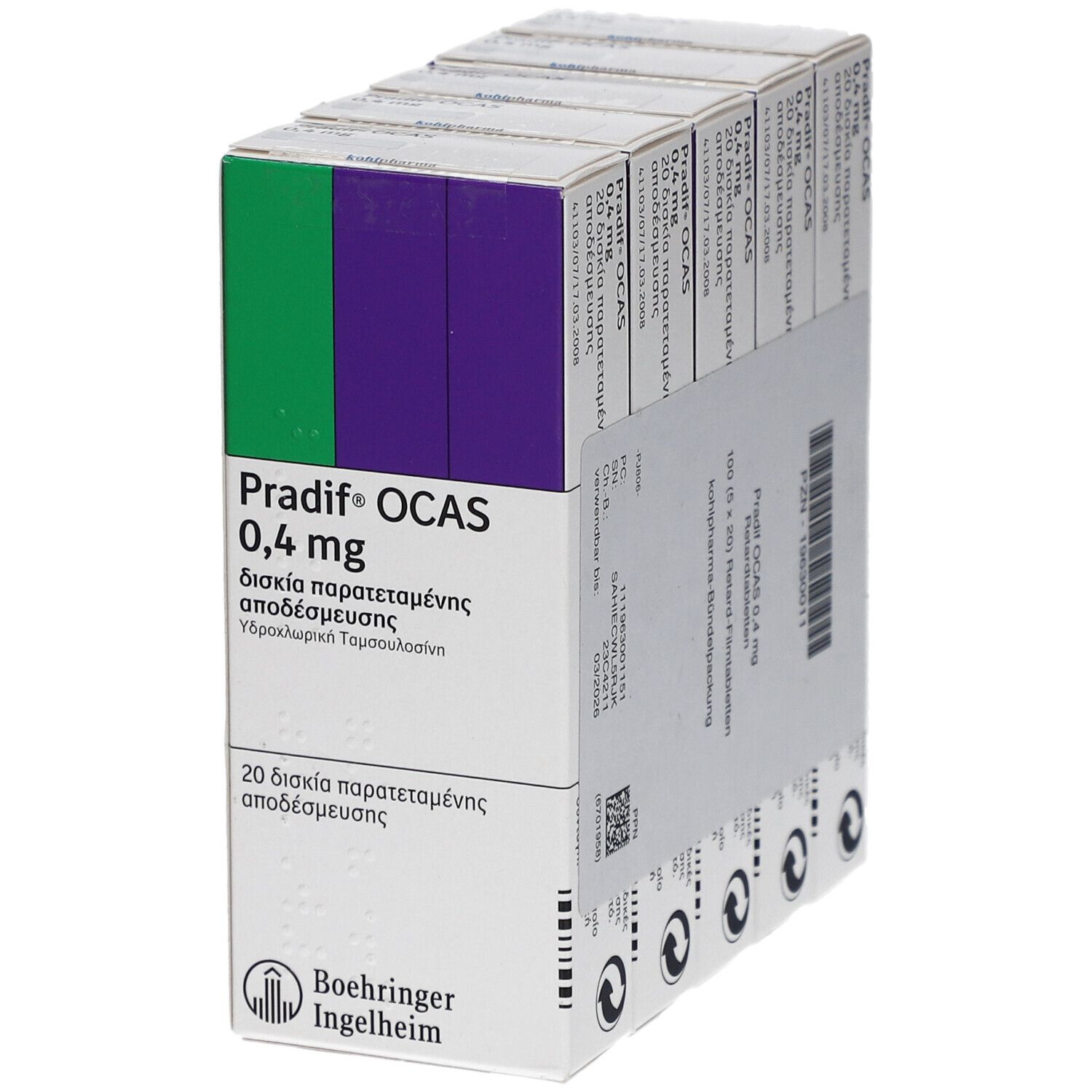 Mehrere Tablettenpackungen. Aufdruck: Pradif OCAS 0,4 mg. Hersteller Boehringer Ingelheim.