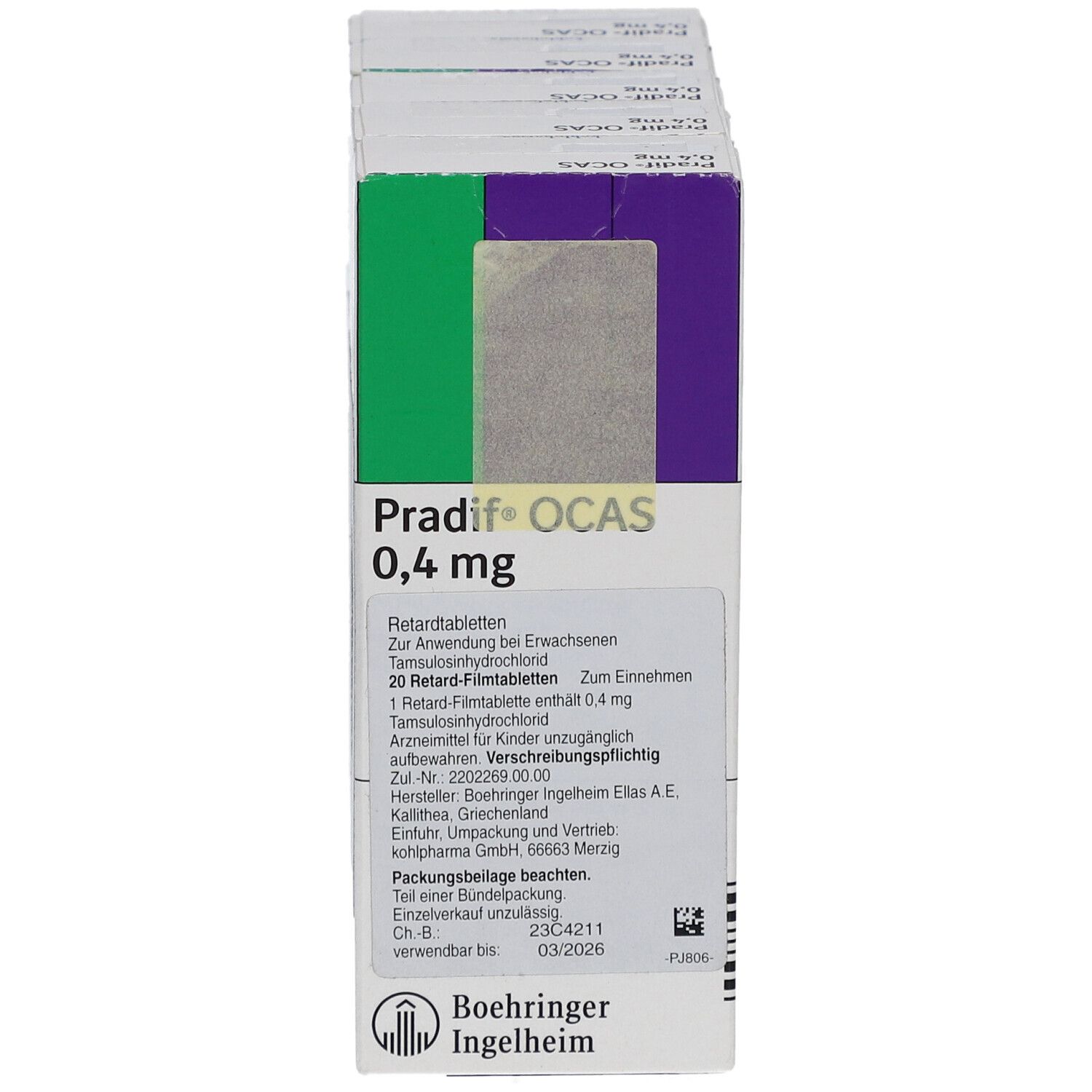Tablettenpackung. Aufdruck: Pradif OCAS 0,4 mg. Hersteller Boehringer Ingelheim.