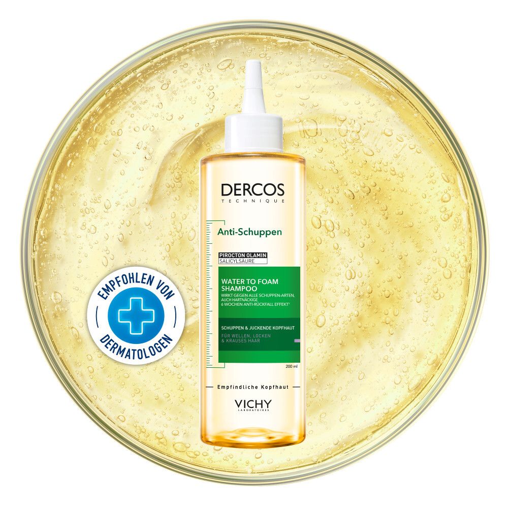 Shampoo-Flasche in gelber Flüssigkeit. Aufschrift: DERCOS TECHNIQUE, Anti-Schuppen, Water to Foam Shampoo. Empfohlen von Dermatologen.