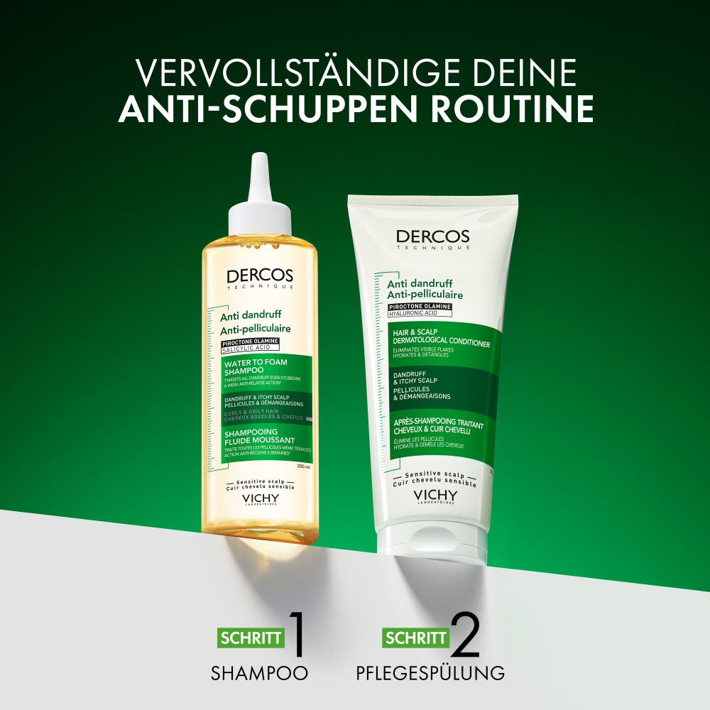 Zwei Flaschen: Shampoo und Spülung. Aufschrift: DERCOS, Anti-Schuppen. Schritt 1: Shampoo. Schritt 2: Pflegespülung. Grüner Hintergrund.