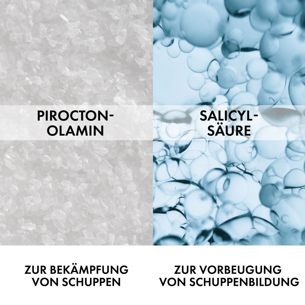 Zwei Textblöcke: Pirocton-Olamin und Salicylsäure. Text: Zur Bekämpfung von Schuppen. Zur Vorbeugung von Schuppenbildung.